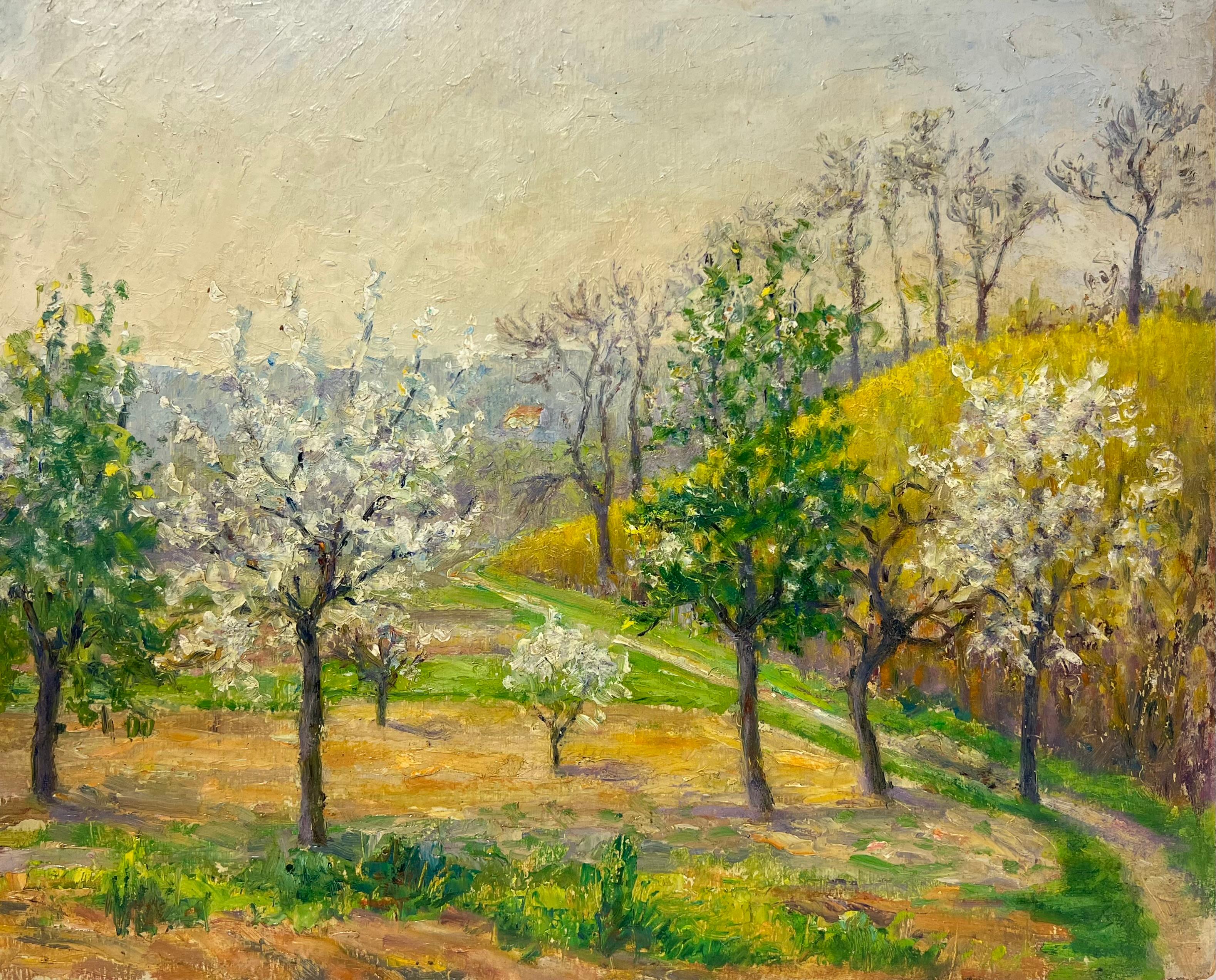 Alberi in fiore in un frutteto di primavera, un paesaggio pastorale in piena fioritura - Painting di Regine David