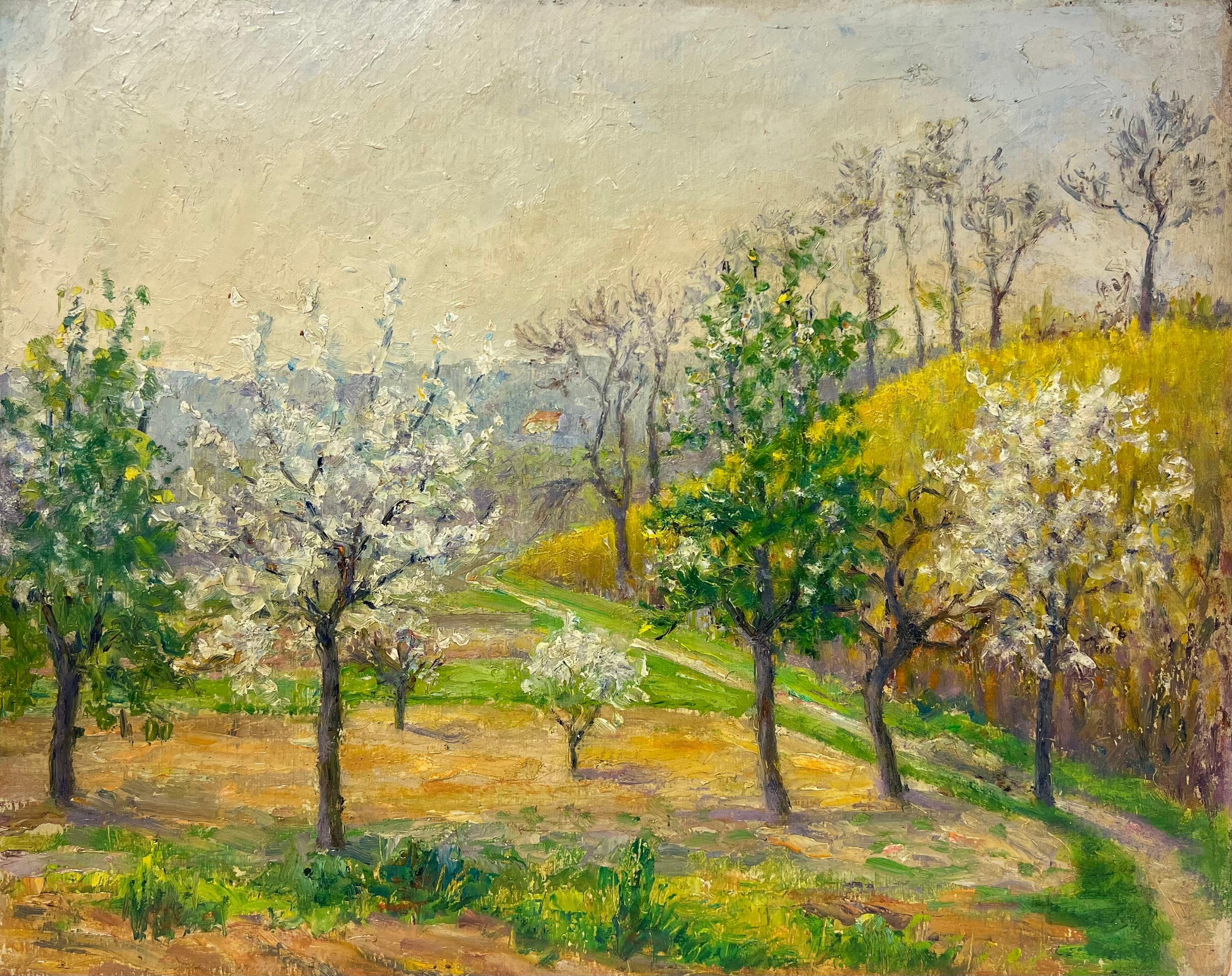 Alberi in fiore in un frutteto di primavera, un paesaggio pastorale in piena fioritura - Painting Postimpressionismo di Regine David