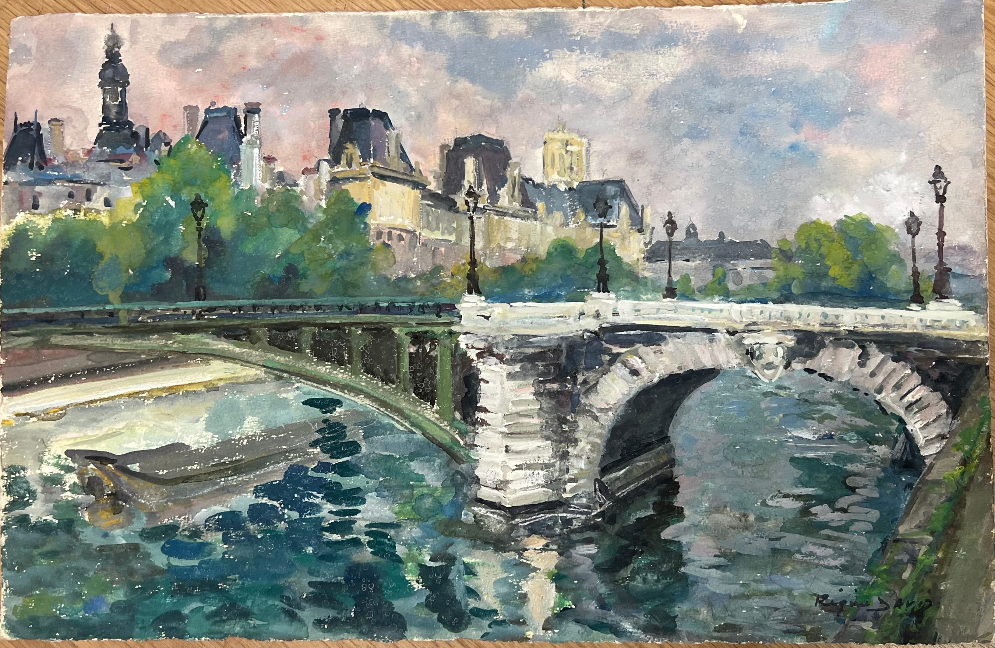 Parigi città Skyline fiume Senna Bella pittura impressionista francese - Painting di Regine David