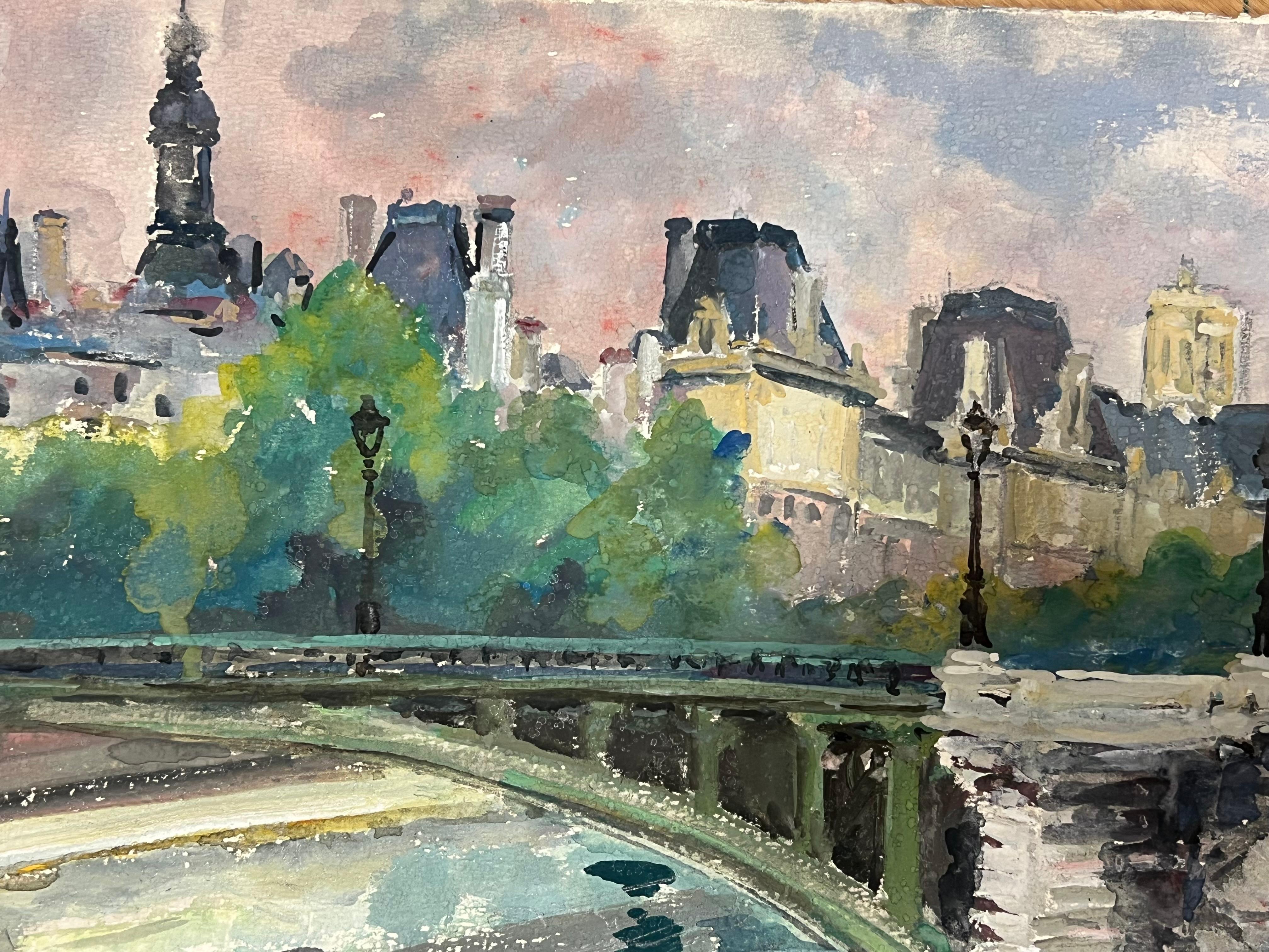 Parigi città Skyline fiume Senna Bella pittura impressionista francese - Figurative Painting Grigio di Regine David