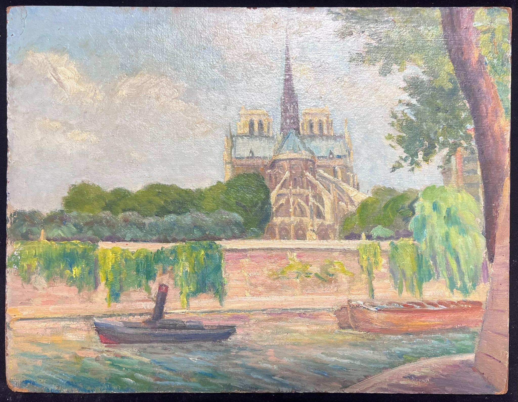 Vue parisienne de Notre Dame depuis la Seine Peinture à l'huile vibrante - Painting de Regine David