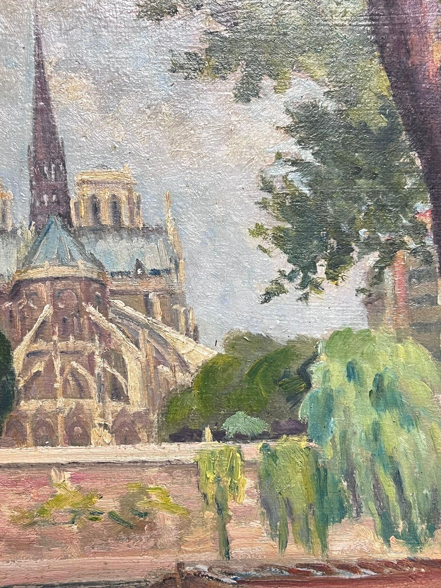 Vue parisienne de Notre Dame depuis la Seine Peinture à l'huile vibrante - Post-impressionnisme Painting par Regine David