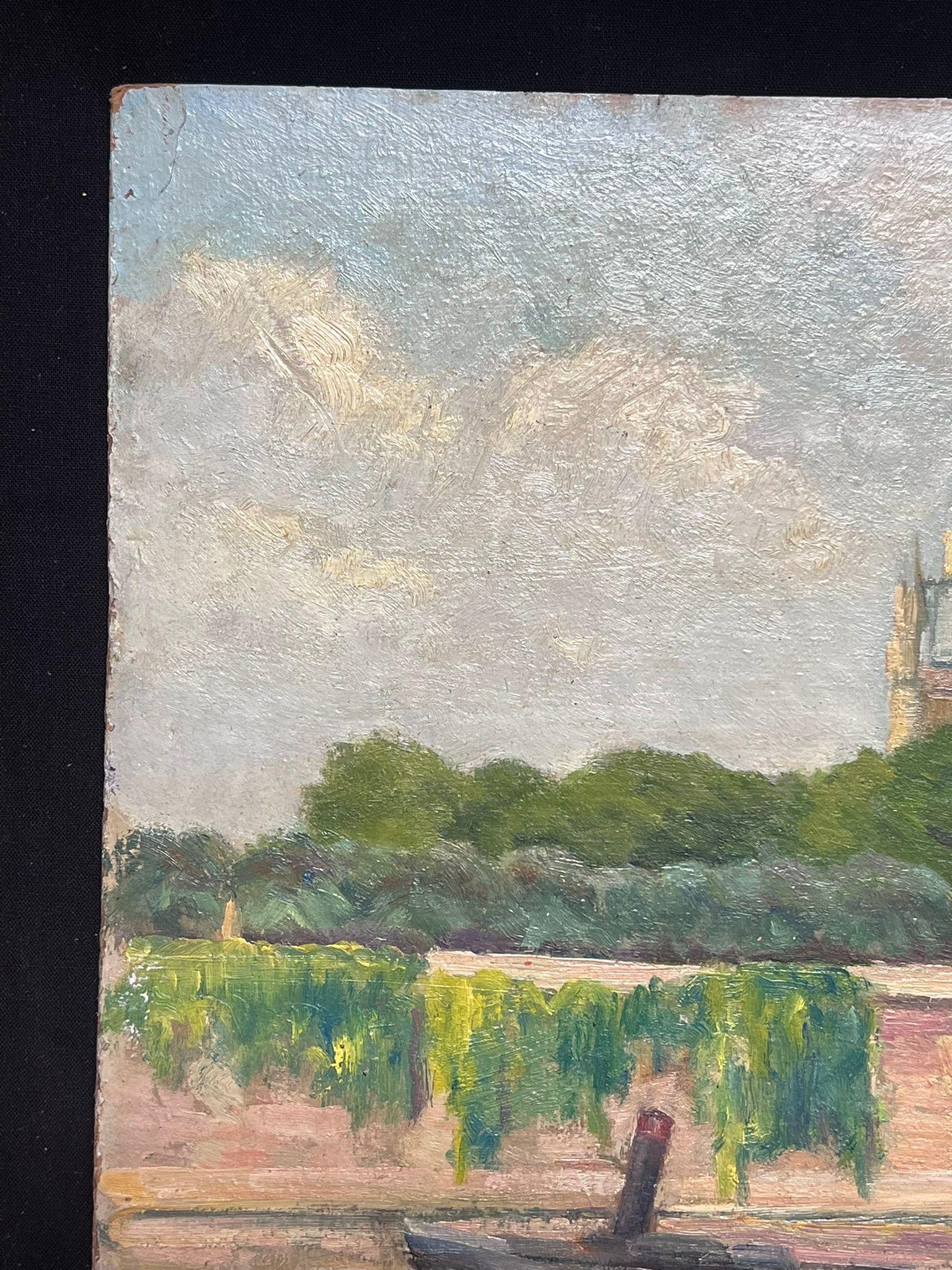 Vue parisienne de Notre Dame depuis la Seine Peinture à l'huile vibrante - Beige Landscape Painting par Regine David