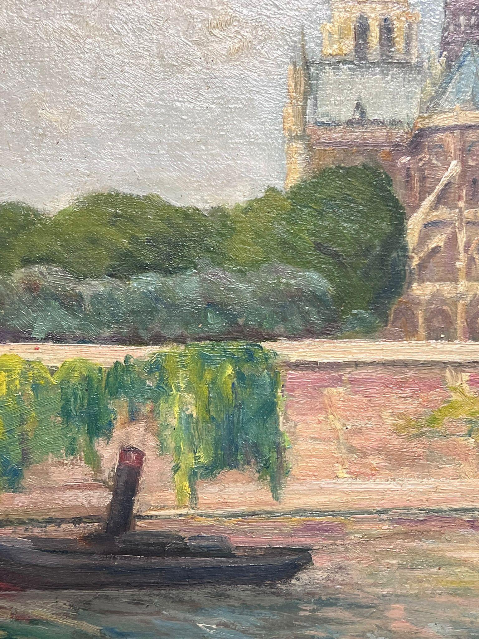 Vue de Notre Dame
par Régine David (artiste française, 1910-2018)
peinture à l'huile sur carton, non encadrée
mesure : 10.75 x 13.75 pouces
état : Cette peinture est en excellent état, avec des couleurs vibrantes et des détails bien préservés. La