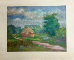 Pastoral Landscape with Haystack and Winding Path Tranquil Pastel Painting