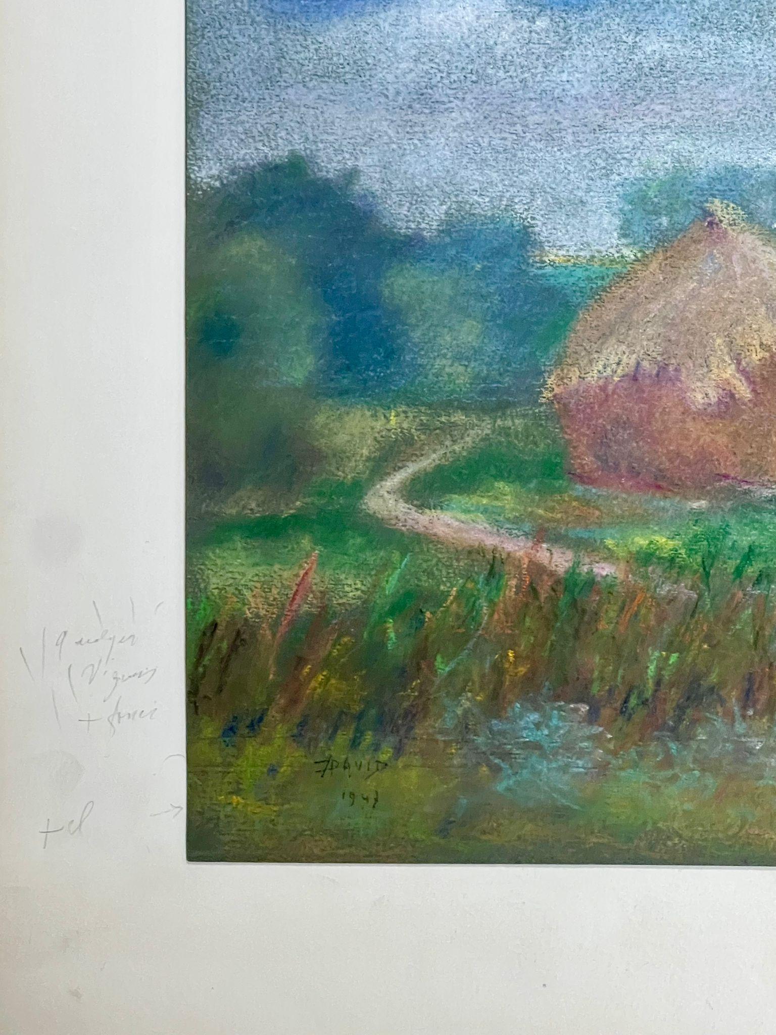 Paisaje Pastoral con Pajar y Sendero Serpenteante Pintura al Pastel Tranquila - Painting Posimpresionista de Regine David