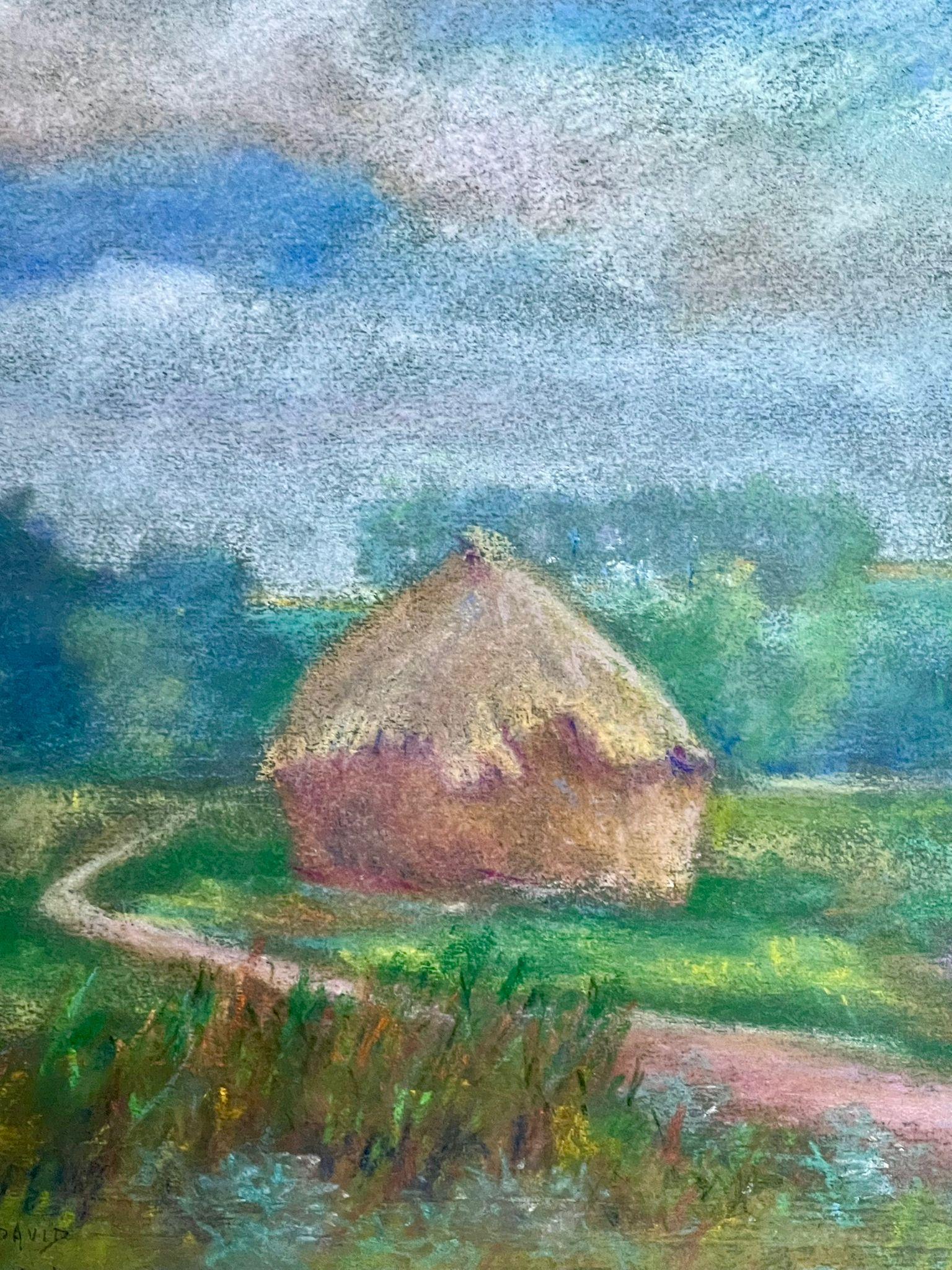 Paisaje Pastoral con Pajar y Sendero Serpenteante Pintura al Pastel Tranquila - Landscape Painting Gris de Regine David
