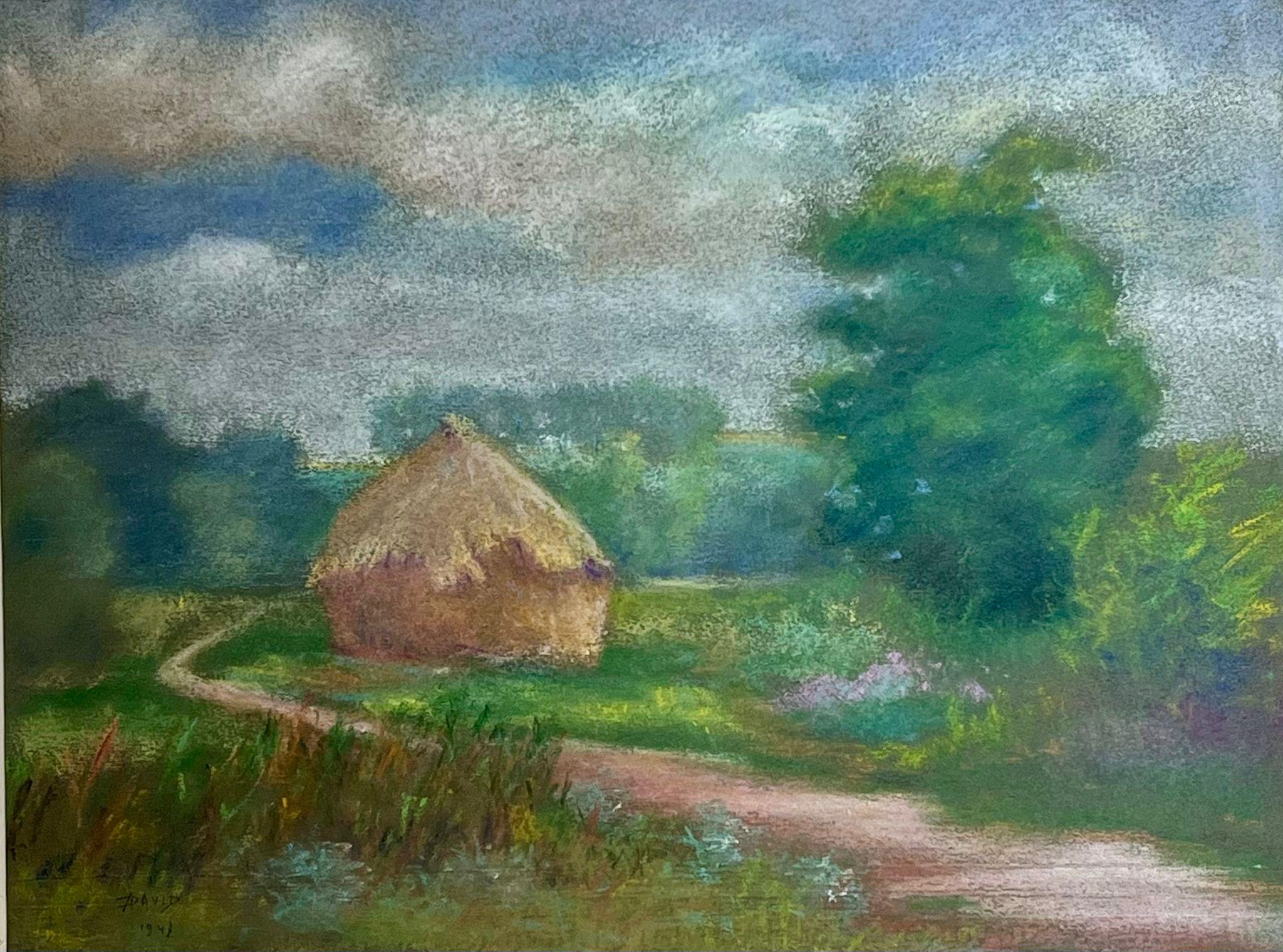 Landscape Painting de Regine David - Paisaje Pastoral con Pajar y Sendero Serpenteante Pintura al Pastel Tranquila