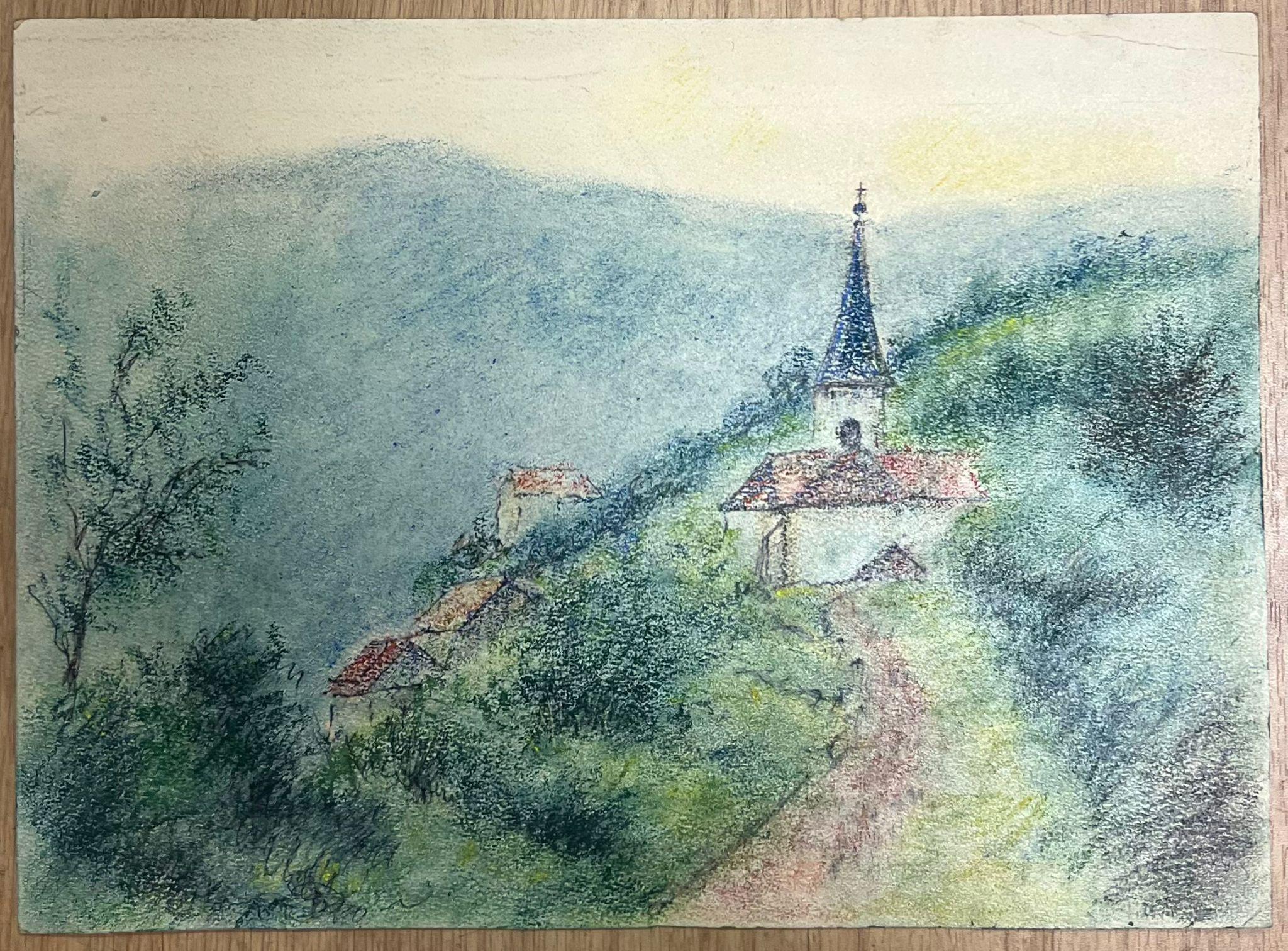 Pathway leading to a Quaint Village Church in der Rolling Hills Countryside – Painting von Regine David