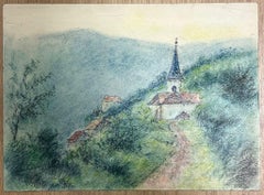 Pathway Leading to a Quaint Village Church in the Rolling Hills Countryside