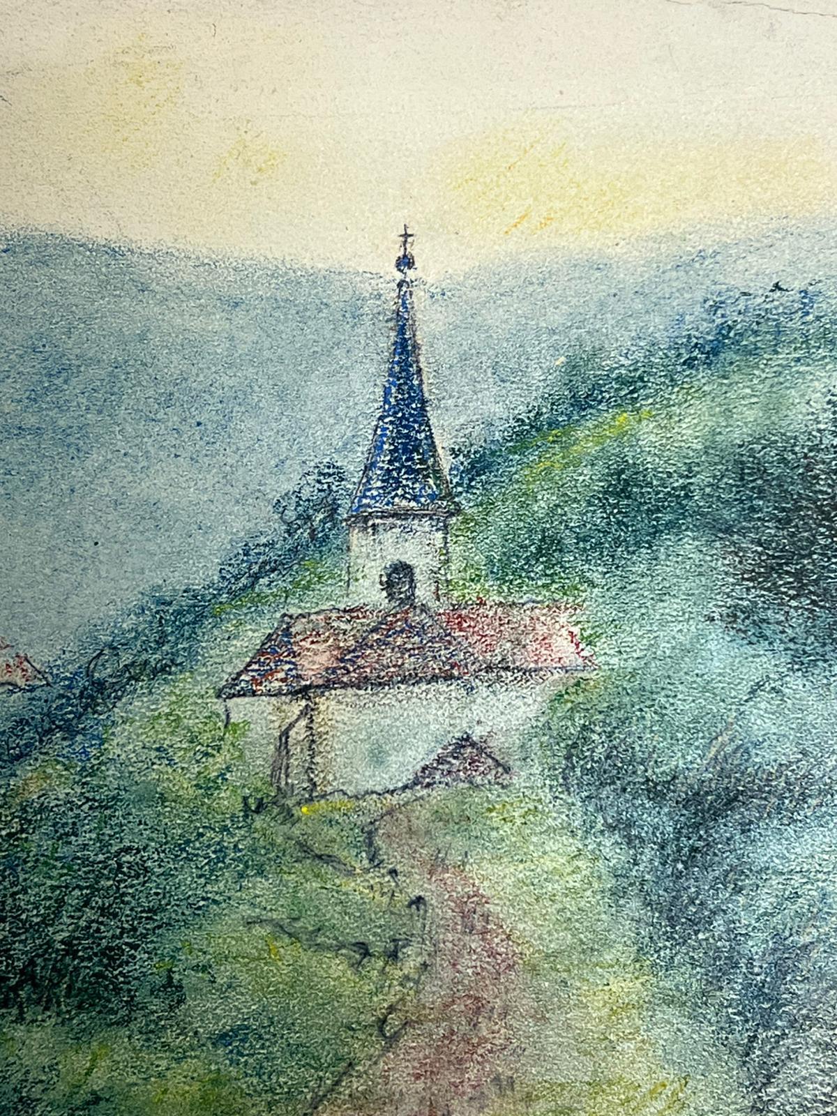 Pathway leading to a Quaint Village Church in der Rolling Hills Countryside (Grau), Landscape Painting, von Regine David