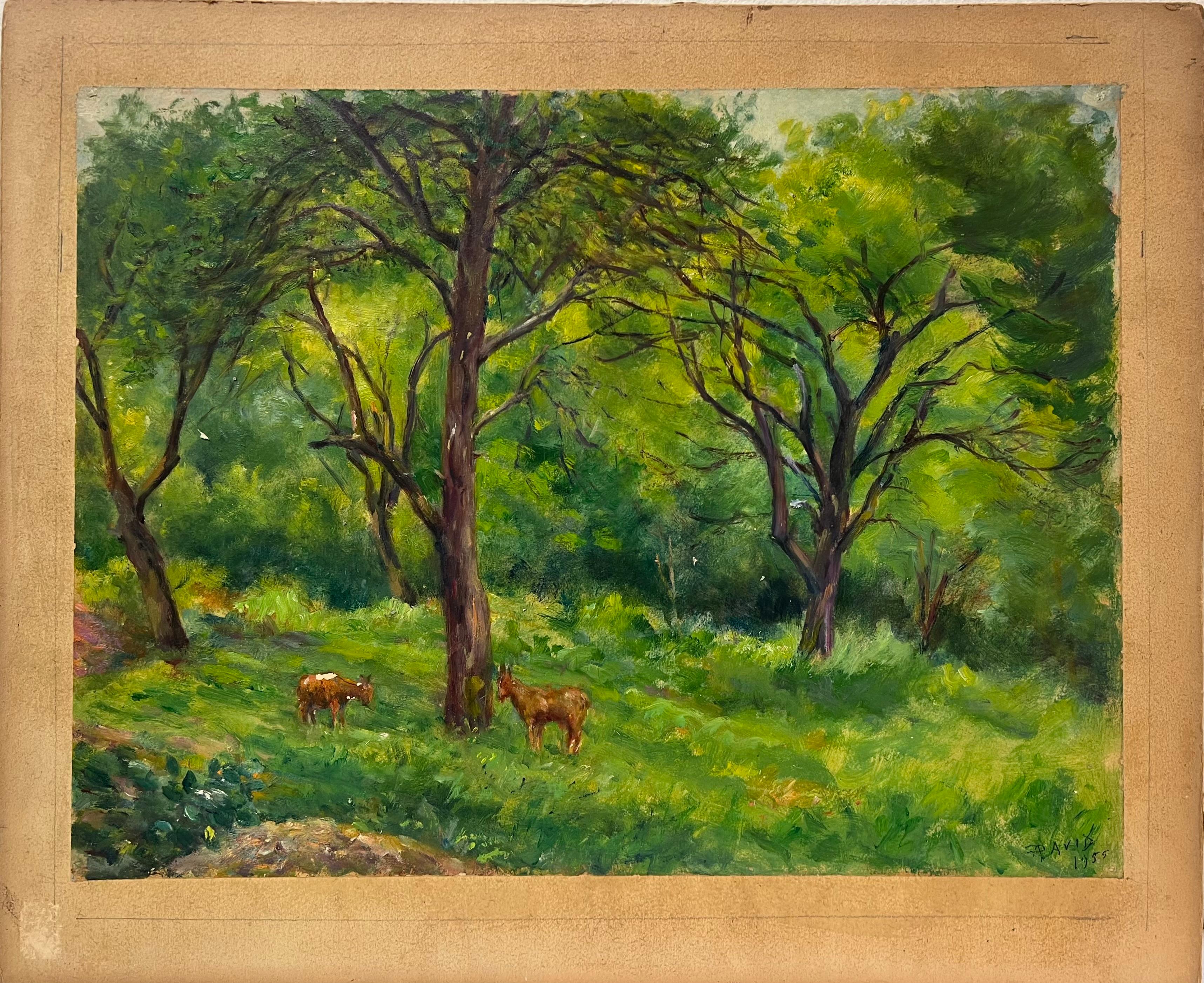 Pacífica escena de bosque con ciervos pastando entre árboles verdes Paisaje forestal - Painting de Regine David