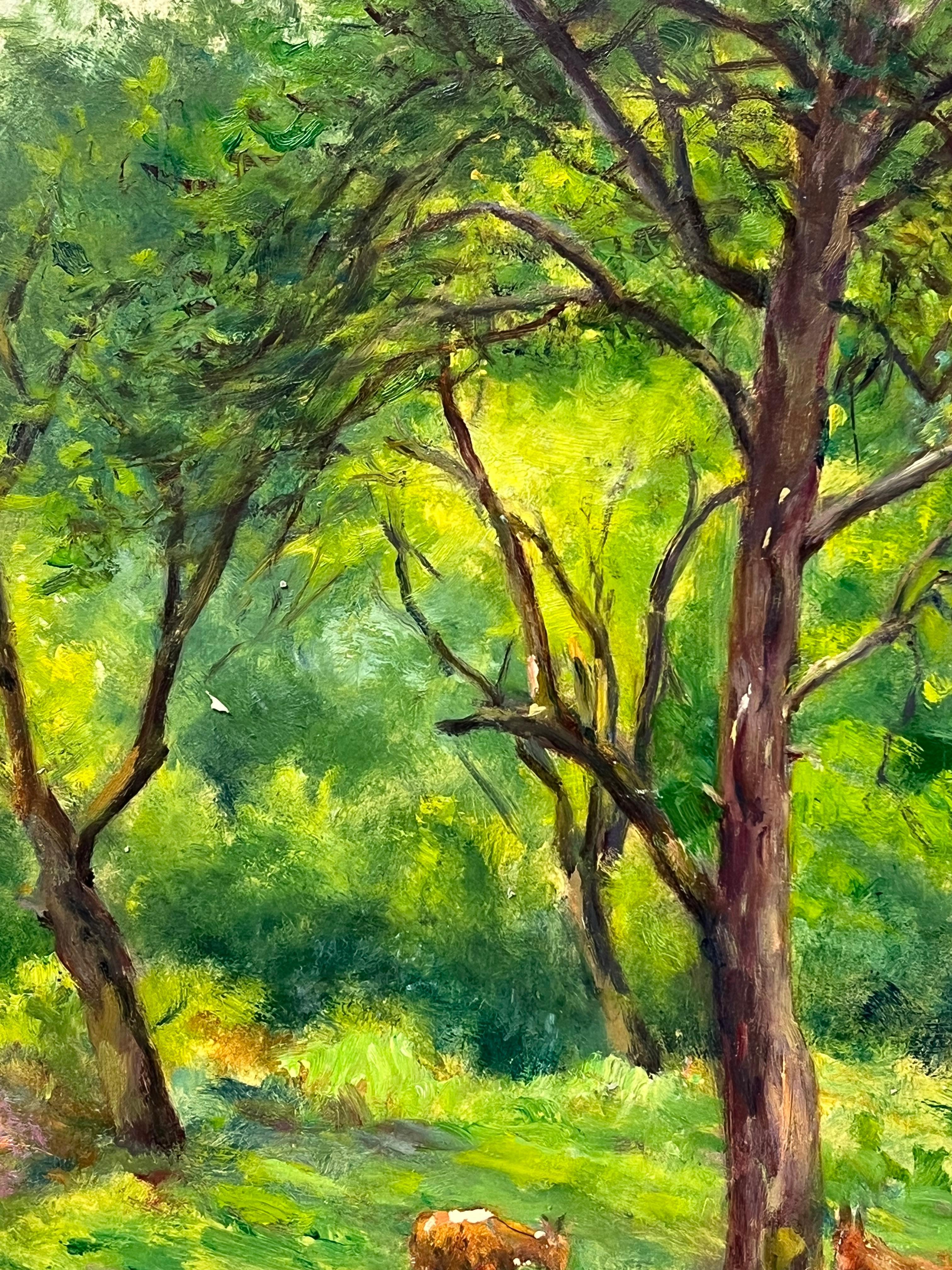 Pacífica escena de bosque con ciervos pastando entre árboles verdes Paisaje forestal - Painting Posimpresionista de Regine David