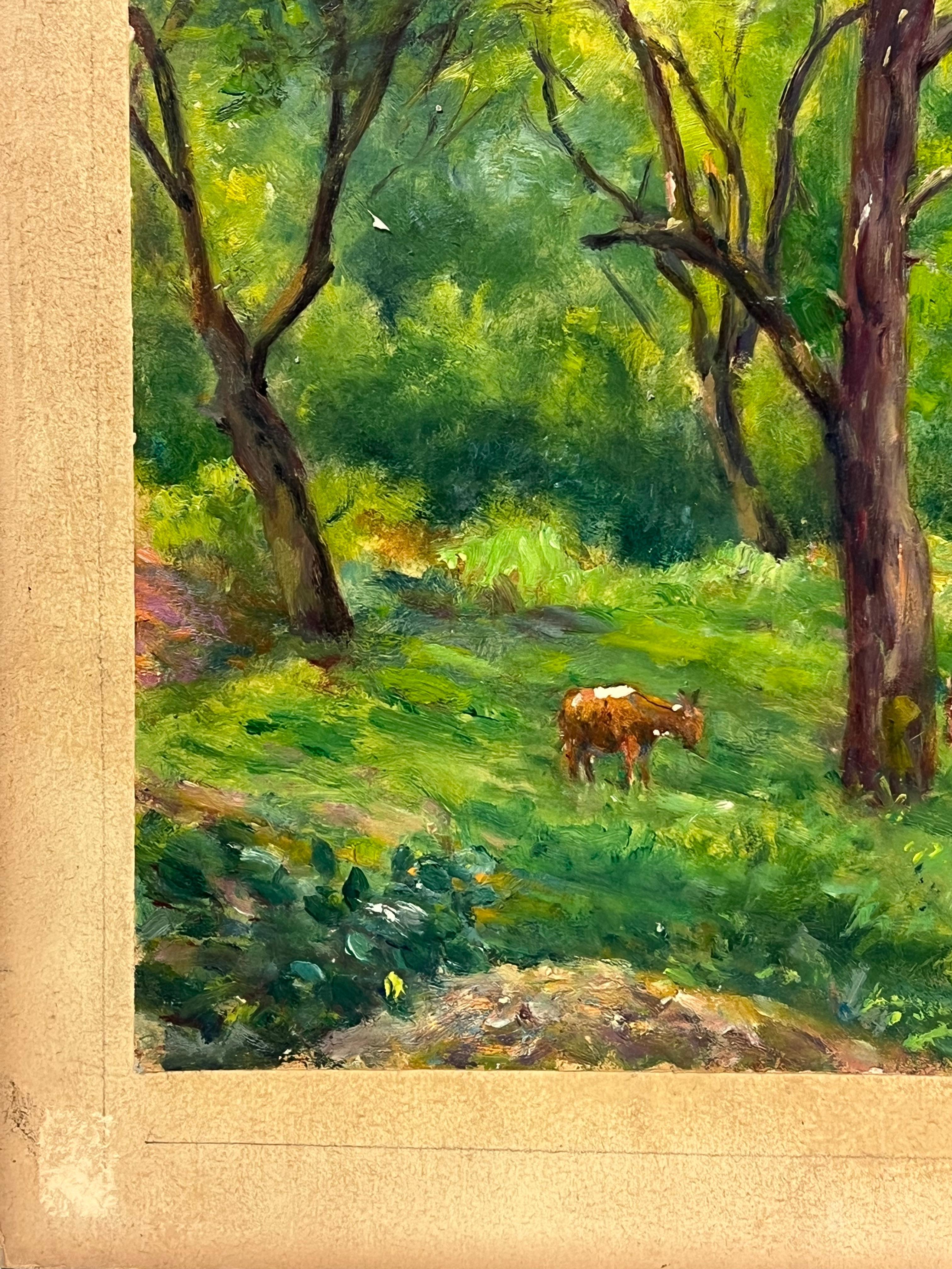 Pacífica escena de bosque con ciervos pastando entre árboles verdes Paisaje forestal - Animal Painting Verde de Regine David
