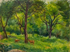 Scène boisée paisible avec cerfs bondissants au milieu d'arbres verdoyants paysage forestier