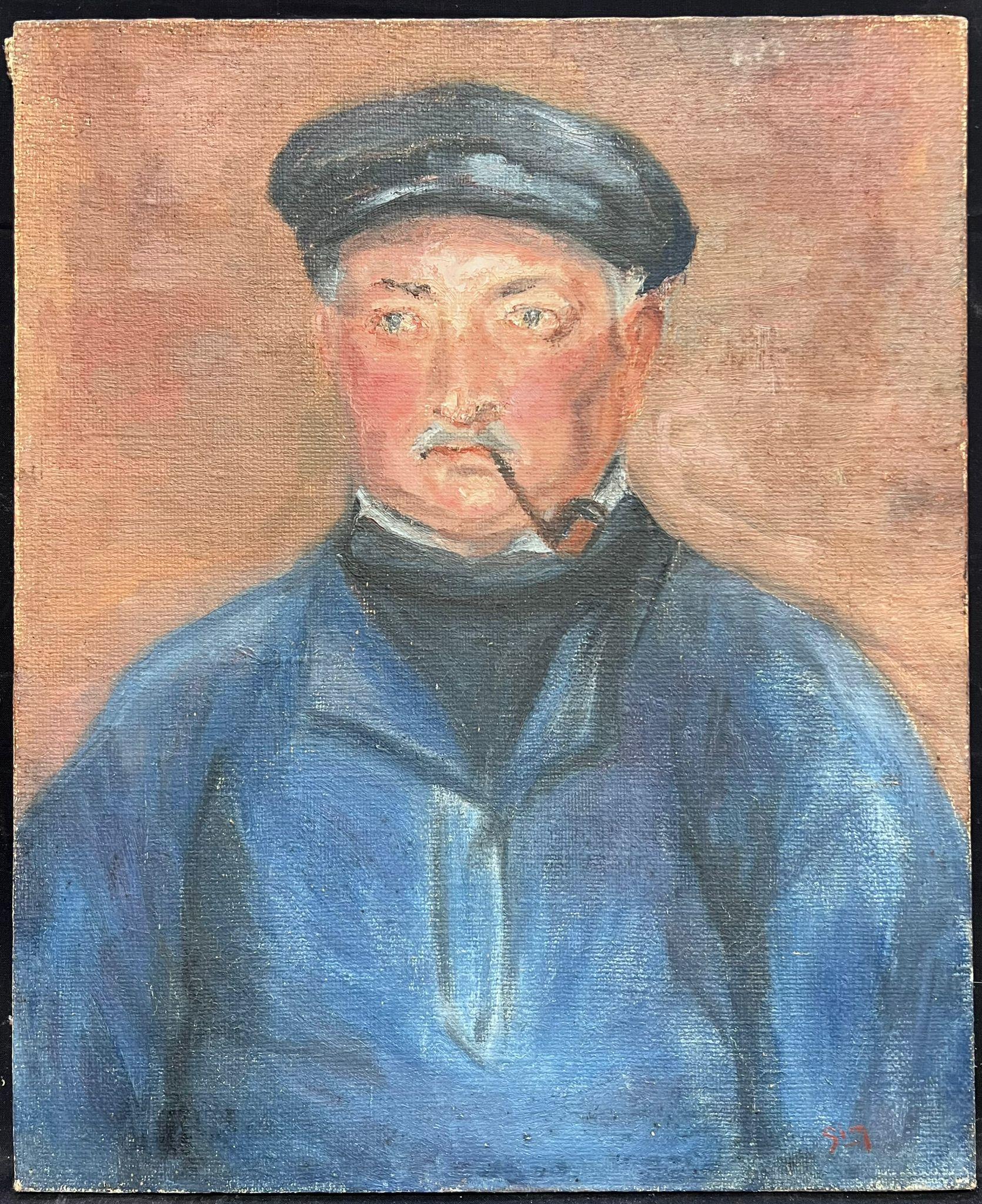 Portrait d'un homme à la pipe Huile post-impressionniste française du milieu du 20e siècle - Painting de Regine David