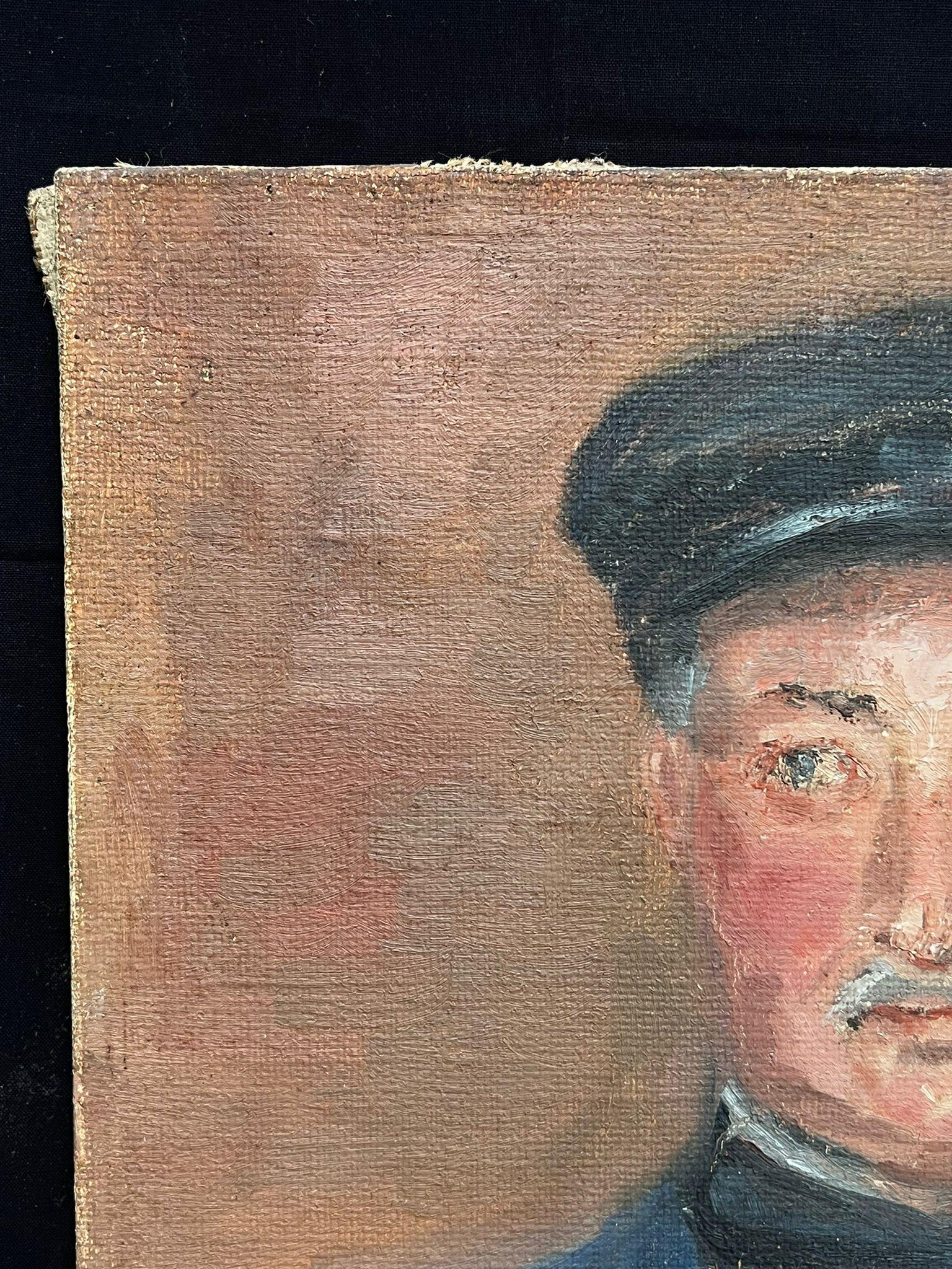 Portrait d'un homme à la pipe Huile post-impressionniste française du milieu du 20e siècle - Gris Portrait Painting par Regine David