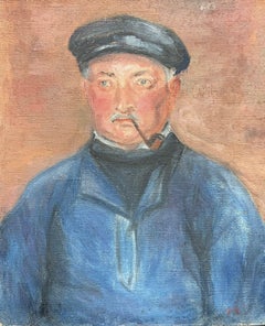 Ritratto di uomo con pipa Olio post-impressionista francese della metà del XX secolo