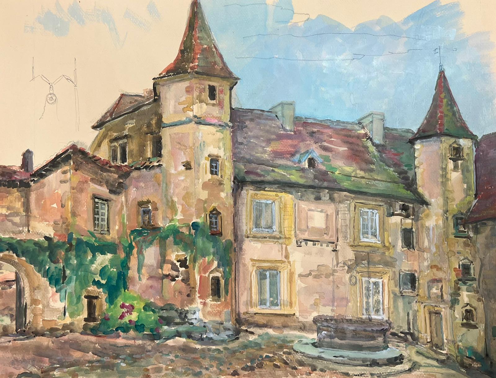 Landscape Painting de Regine David - Pintoresco Patio de Castillo Francés con Paredes Revestidas de Hiedra y Pozo de Piedra Francia