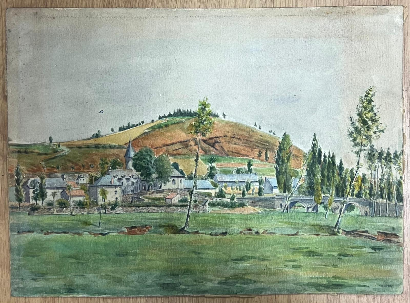 Quaint Village Landscape with Rolling Hills and Stone Bridge Detailed Watercolor - Painting by Regine David