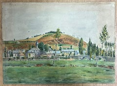 Quaint Village Landscape with Rolling Hills and Stone Bridge Detailed Watercolor