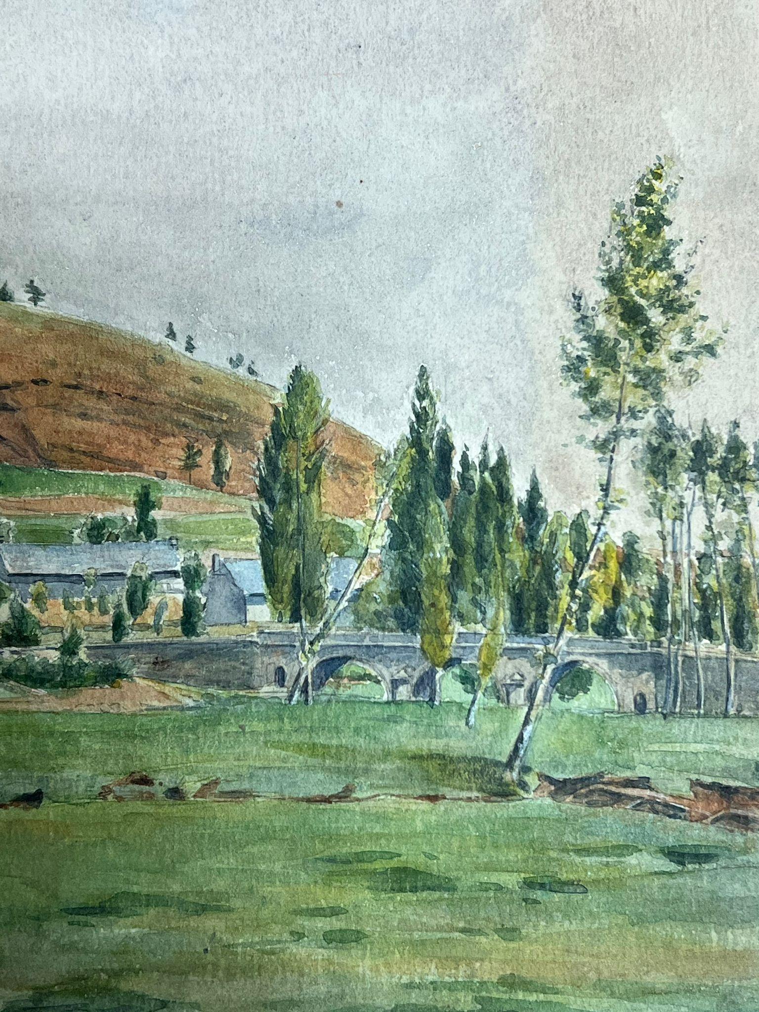 Quaint Village Landscape with Rolling Hills and Stone Bridge Detailed Watercolor - Post-Impressionist Painting by Regine David