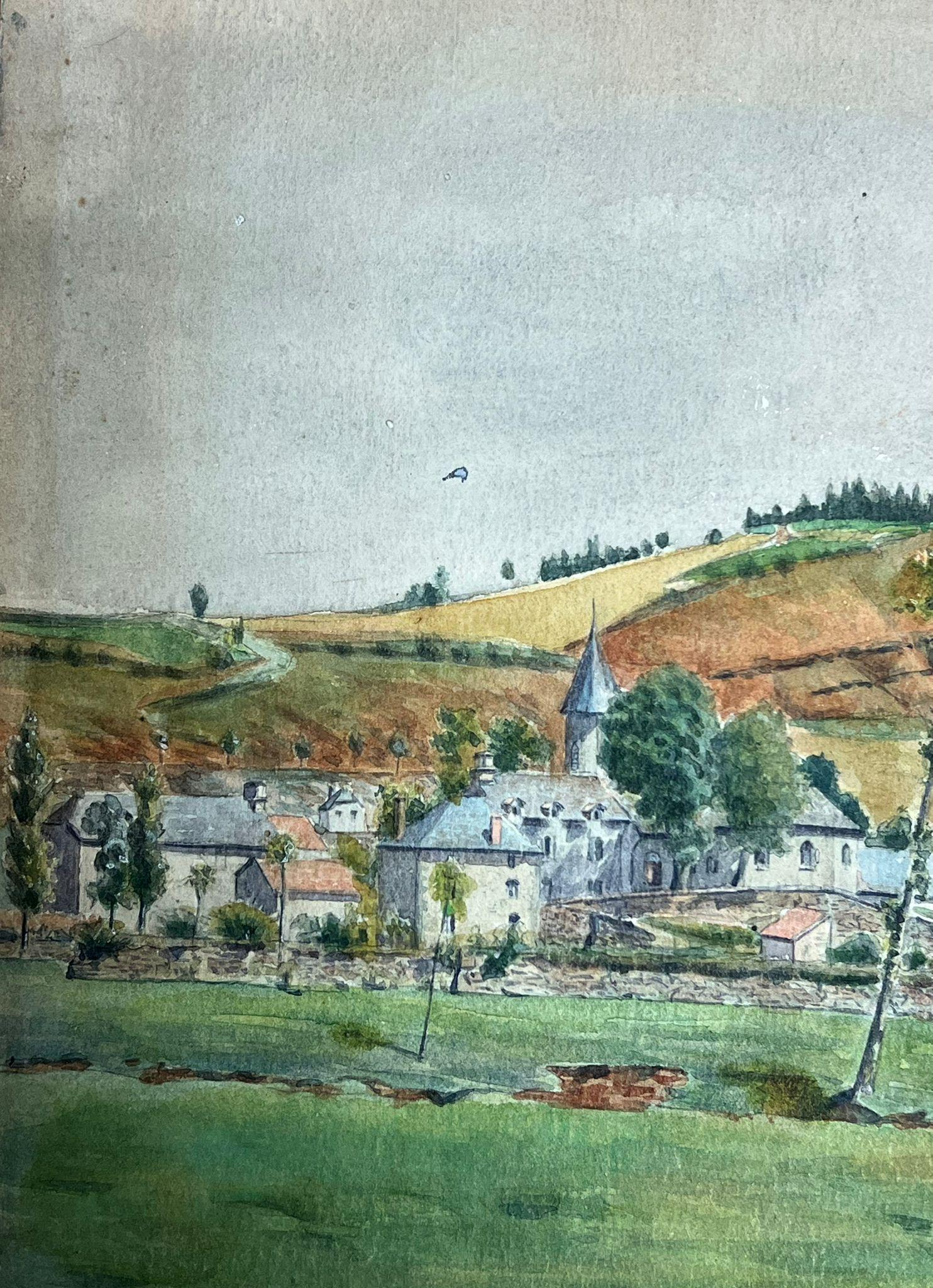 Quaint Village Landscape with Rolling Hills and Stone Bridge Detailed Watercolor - Gray Landscape Painting by Regine David