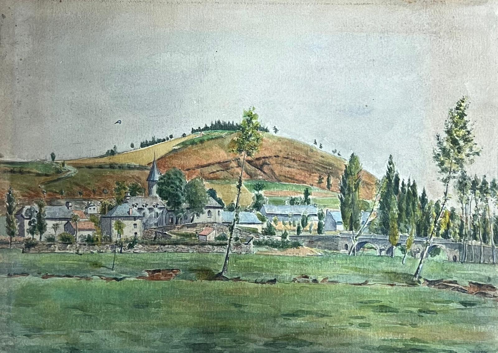 Regine David Landscape Painting - Quaint Village Landscape with Rolling Hills and Stone Bridge Detailed Watercolor