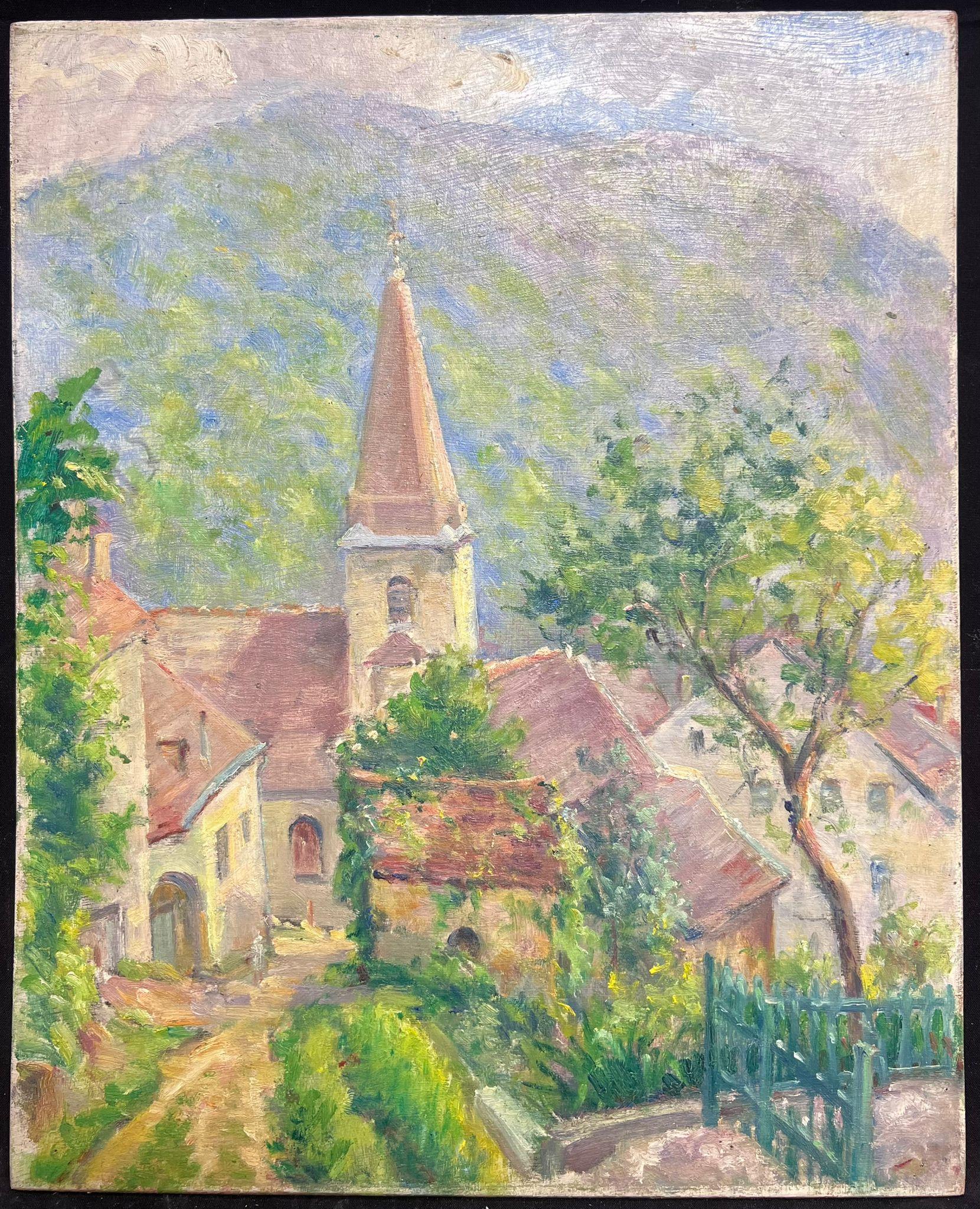Villaggio caratteristico con guglia della chiesa Pittura ad olio idilliaca - Painting di Regine David