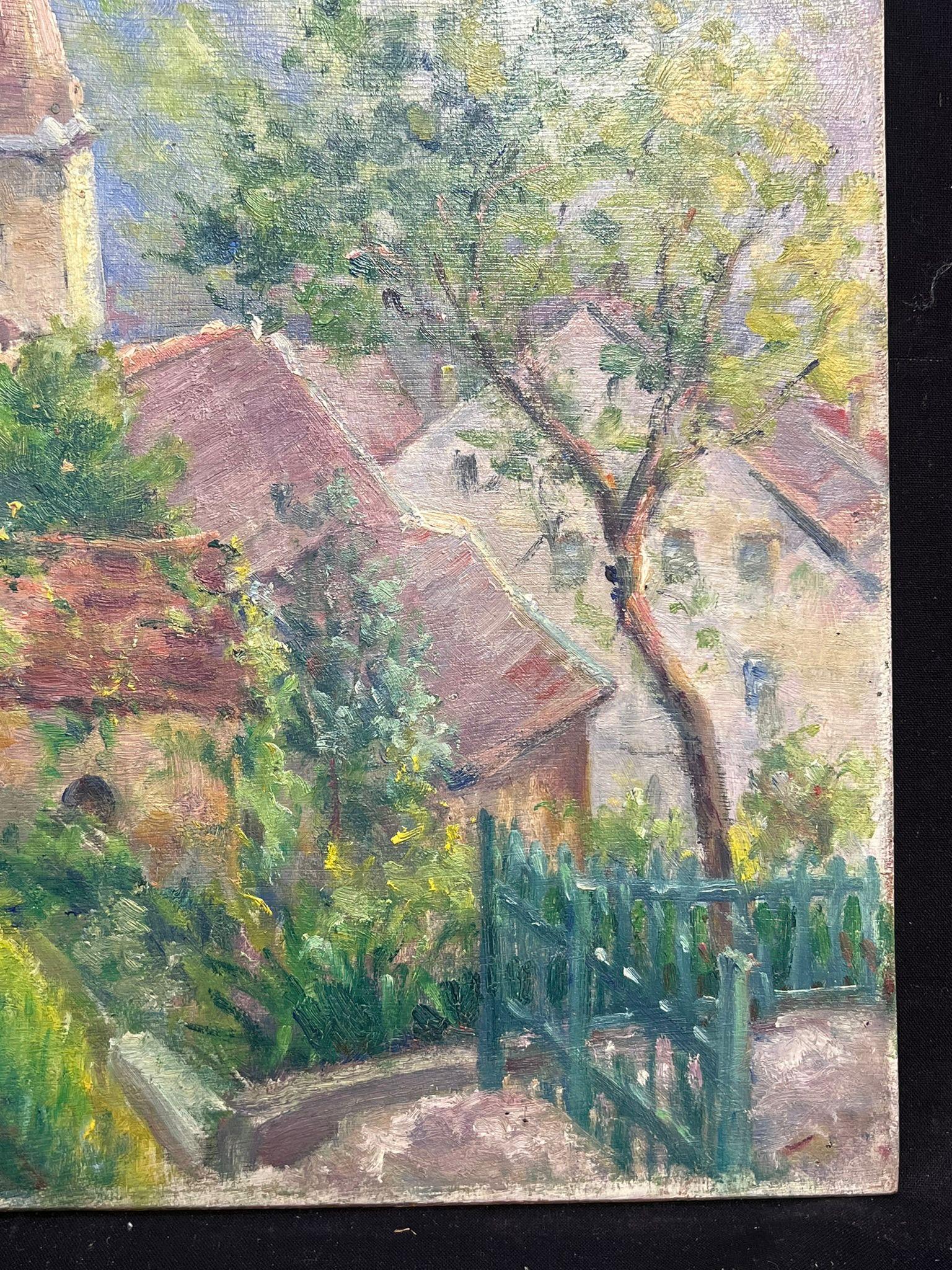Villaggio caratteristico con guglia della chiesa Pittura ad olio idilliaca - Painting Postimpressionismo di Regine David