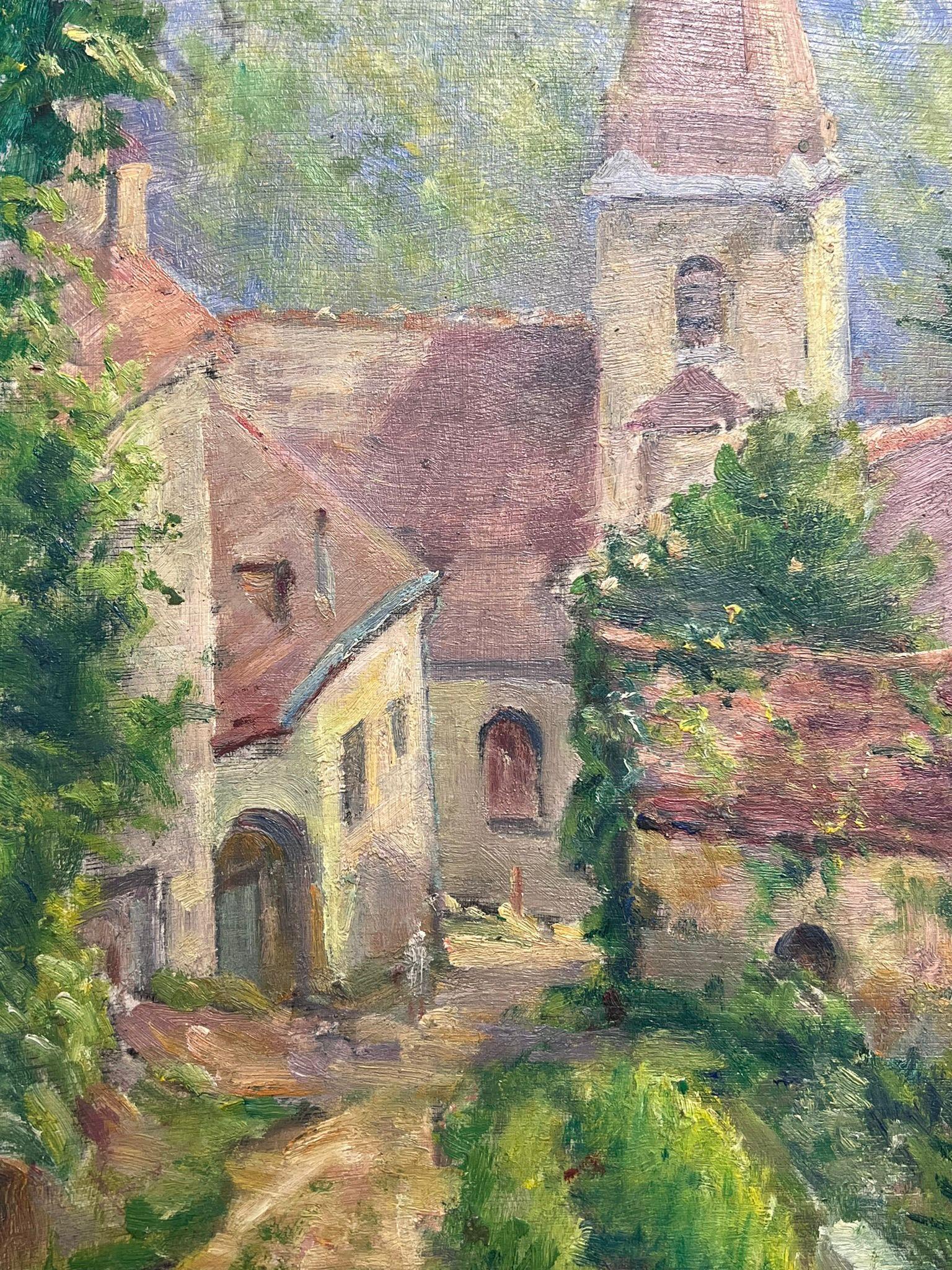 Villaggio caratteristico con guglia della chiesa Pittura ad olio idilliaca - Landscape Painting Beige di Regine David