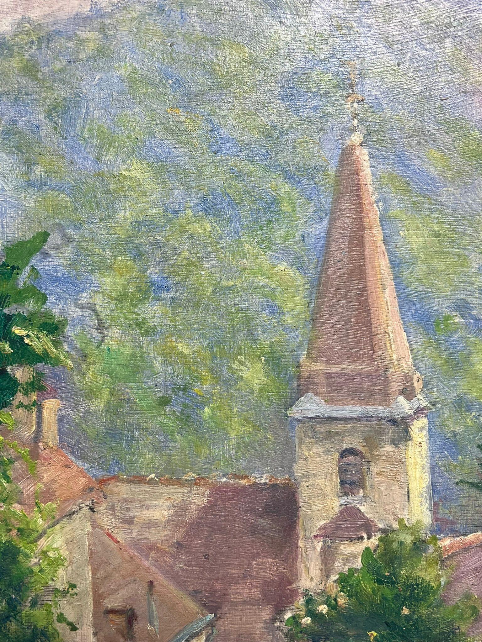 Villaggio caratteristico con guglia della chiesa - Idillio dipinto a olio 
di David David (artista francese, 1910-2018)
dipinto a olio su tavola, senza cornice
misure: 16 x 13 pollici
condizioni: Questo dipinto è in condizioni eccellenti, con colori