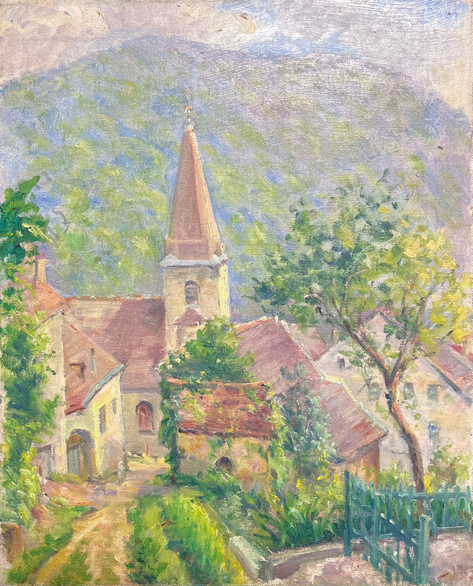 Landscape Painting di Regine David - Villaggio caratteristico con guglia della chiesa Pittura ad olio idilliaca