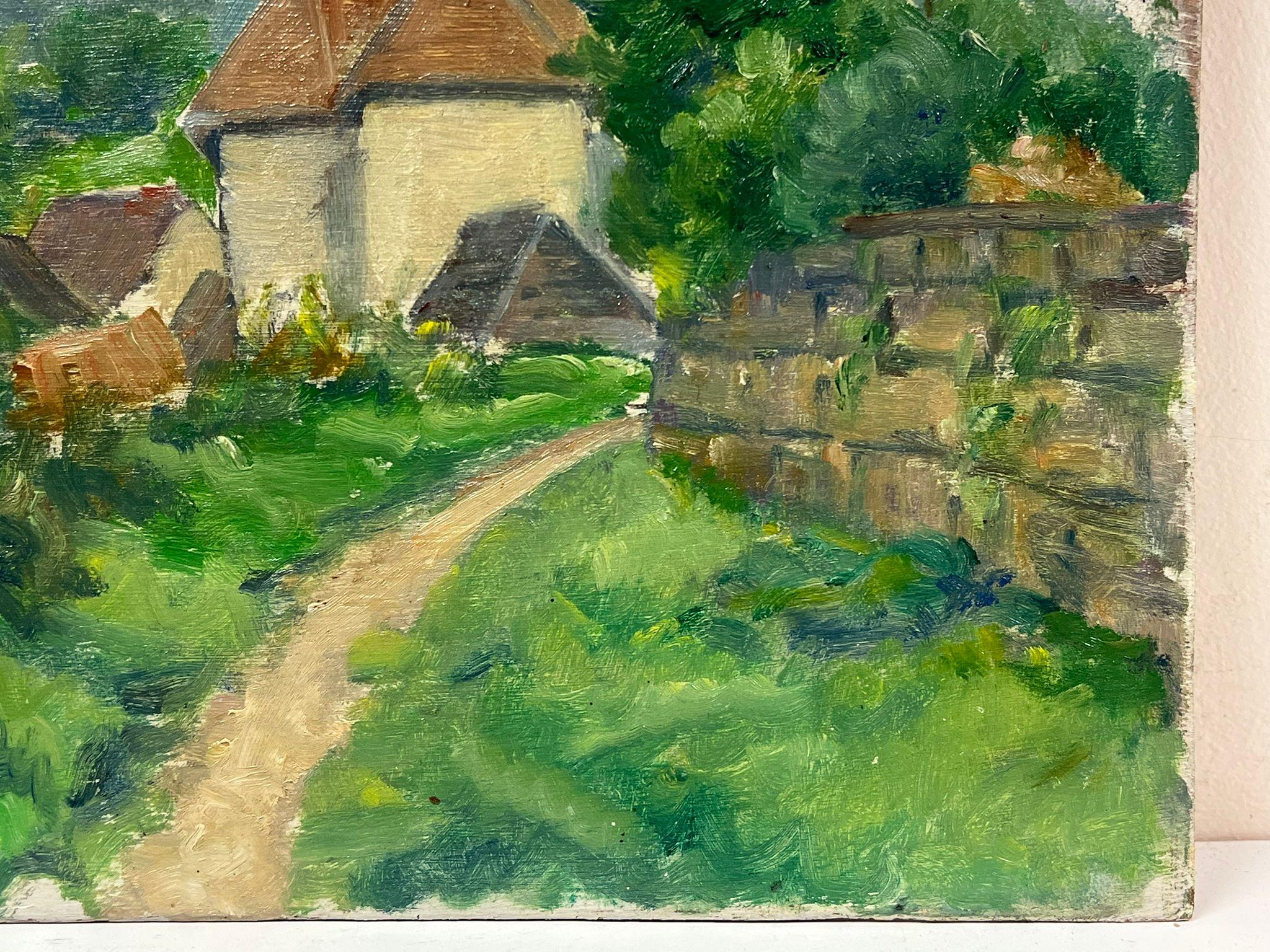 Quaint Village mit Kirche Spire Verdant Hills, ruhiges Landhaus-Sitz (Post-Impressionismus), Painting, von Regine David