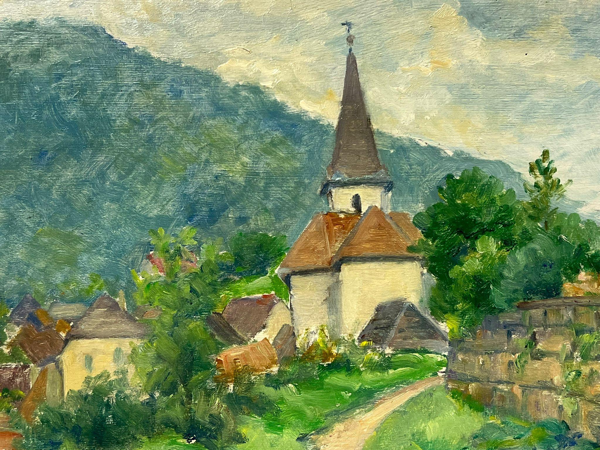 Malerisches Dorf mit Kirchturmspitze
von Regine David (französische Künstlerin, 1910-2018)
Ölgemälde auf Karton, ungerahmt
Brett: 13 x 16 Zoll
Zustand: Das Gemälde ist in ausgezeichnetem Zustand, mit leuchtenden Farben und gut erhaltenen Details.