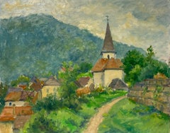 Quaint Village with Church Spire Verdant Hills Peaceful Countryside Setting