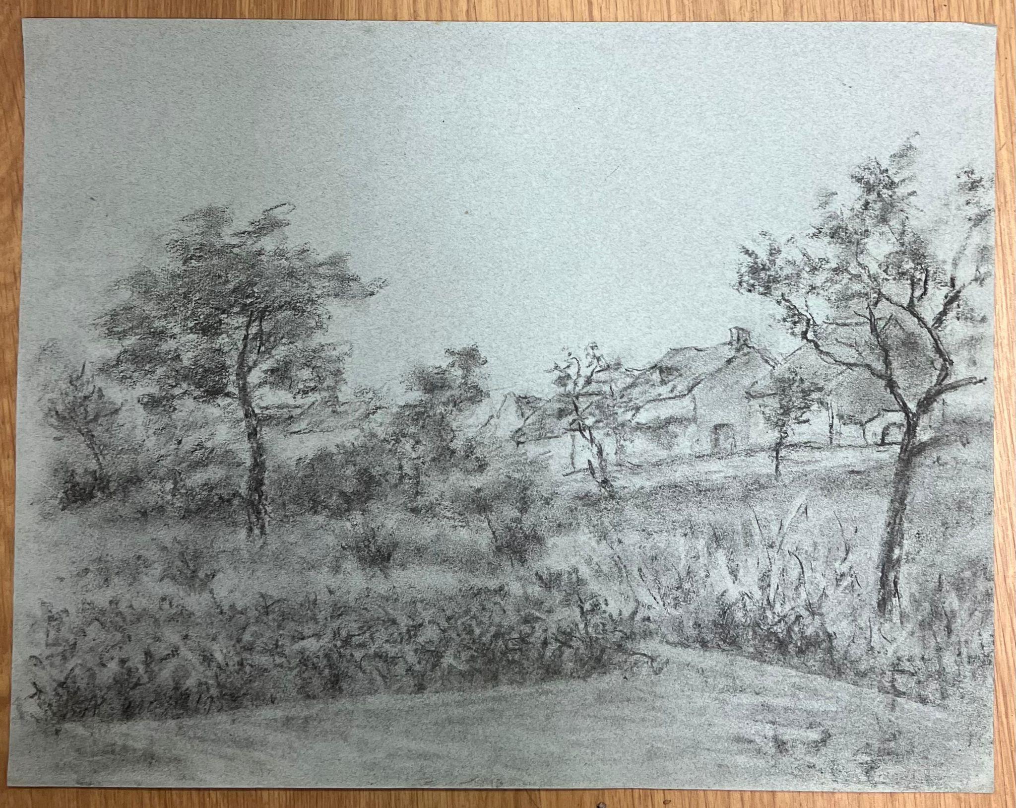 Quiet Countryside Scene with Trees and Distant Cottage Serene Charcoal Drawing - Painting by Regine David