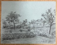 Quiet Countryside Scene with Trees and Distant Cottage Serene Charcoal Drawing