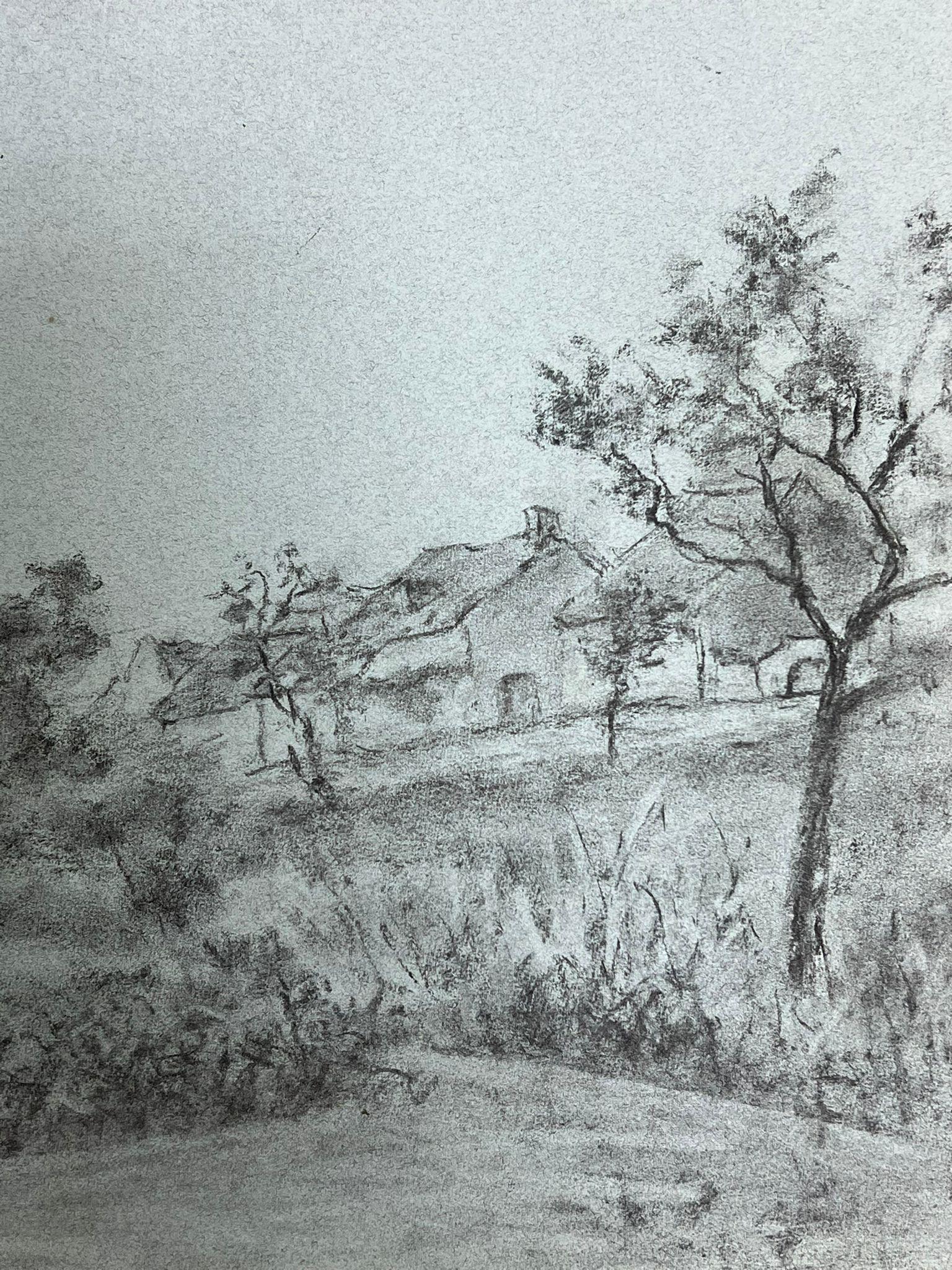 Quiet Countryside Scene with Trees and Distant Cottage Serene Charcoal Drawing - Gray Landscape Painting by Regine David