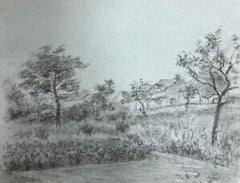 Tranquila escena campestre con árboles y una cabaña lejana Dibujo sereno a carboncillo