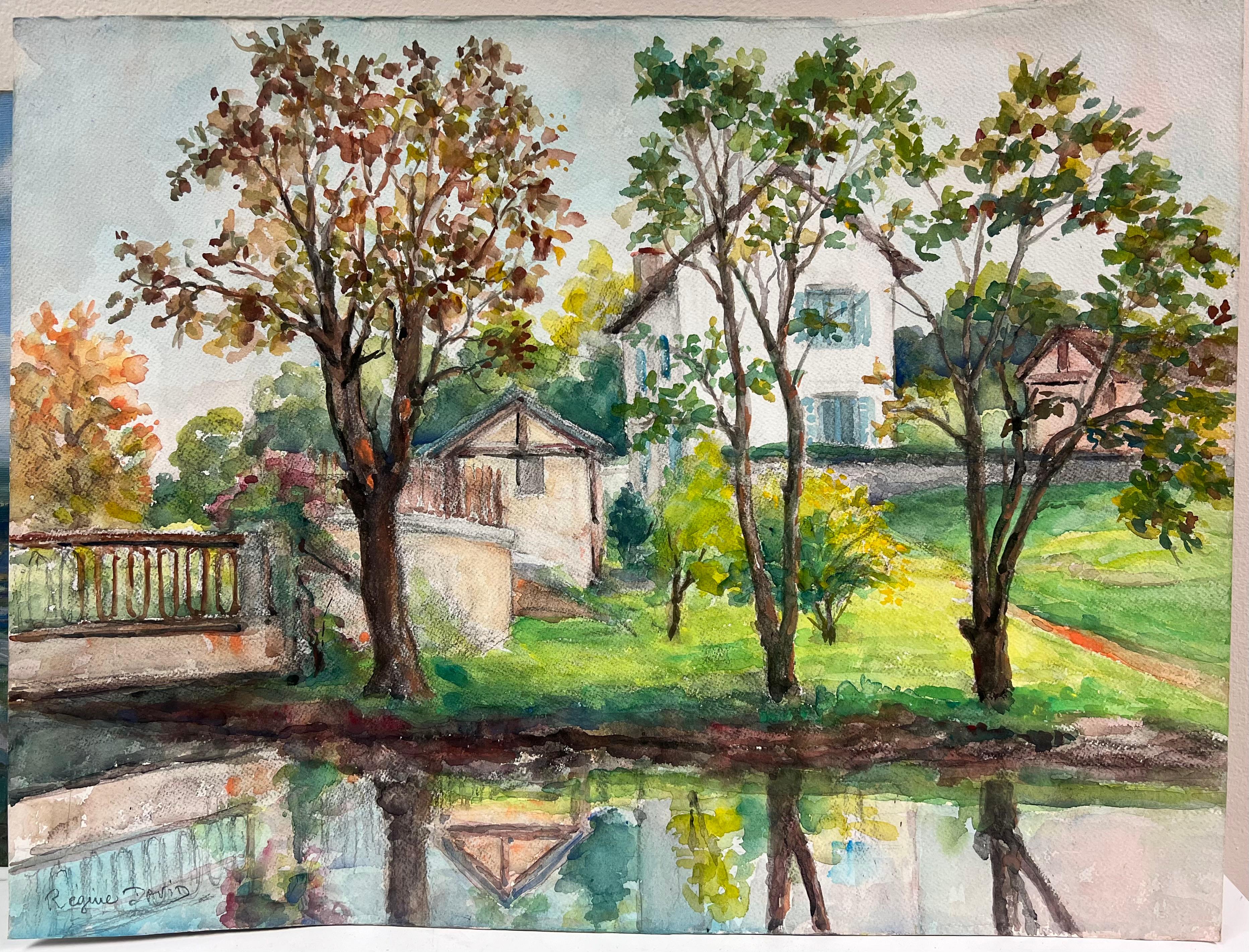 Reflektionen von Home A Tranquil Countryside Scene by the Water's Edge – Painting von Regine David