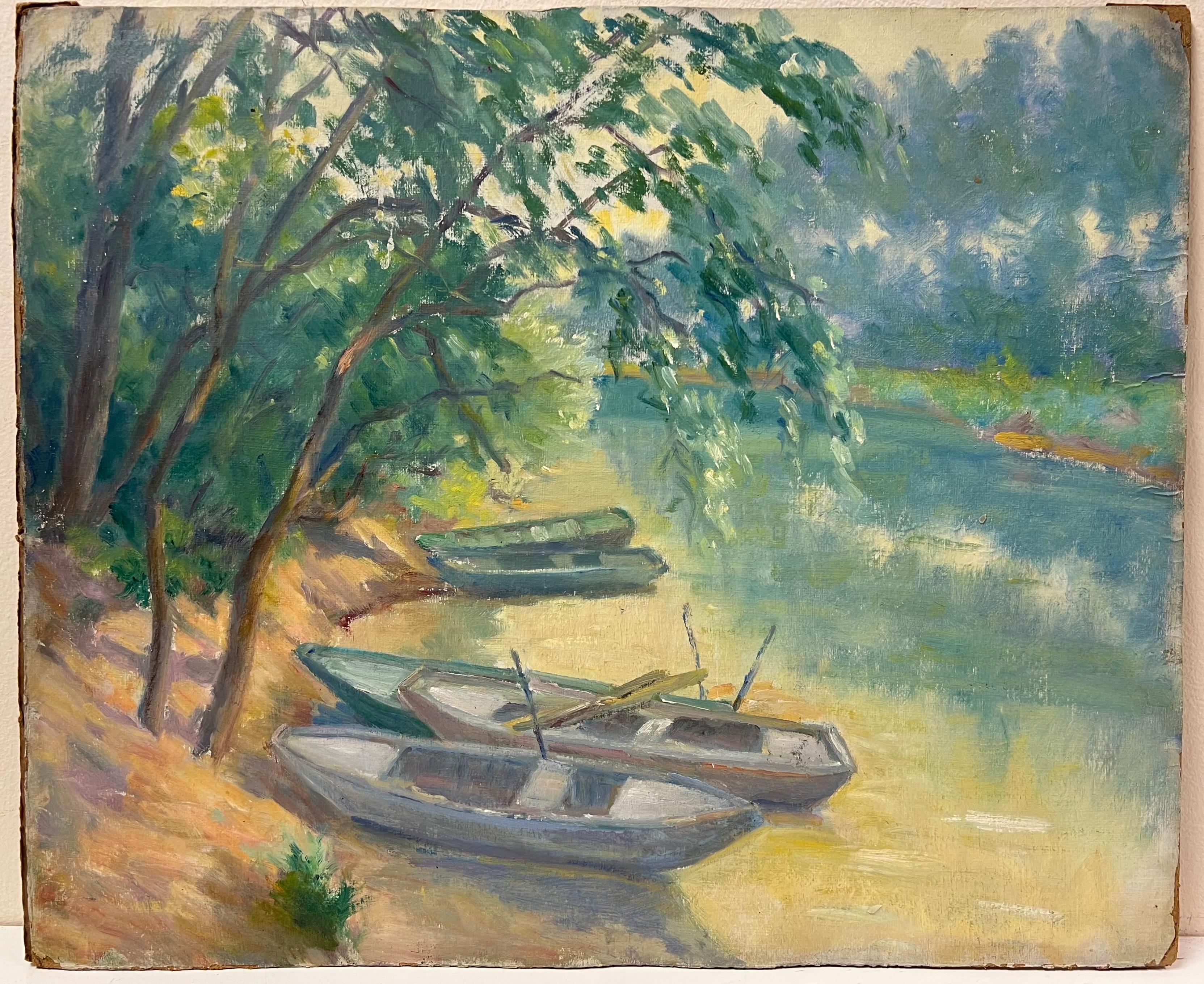 Bateaux à rames au repos
par Régine David (artiste française, 1910-2018)
peinture à l'huile sur carton, non encadrée
mesure : 15 x 18 pouces
inscrit au verso
état : Cette peinture est en excellent état, avec des couleurs vibrantes et des détails