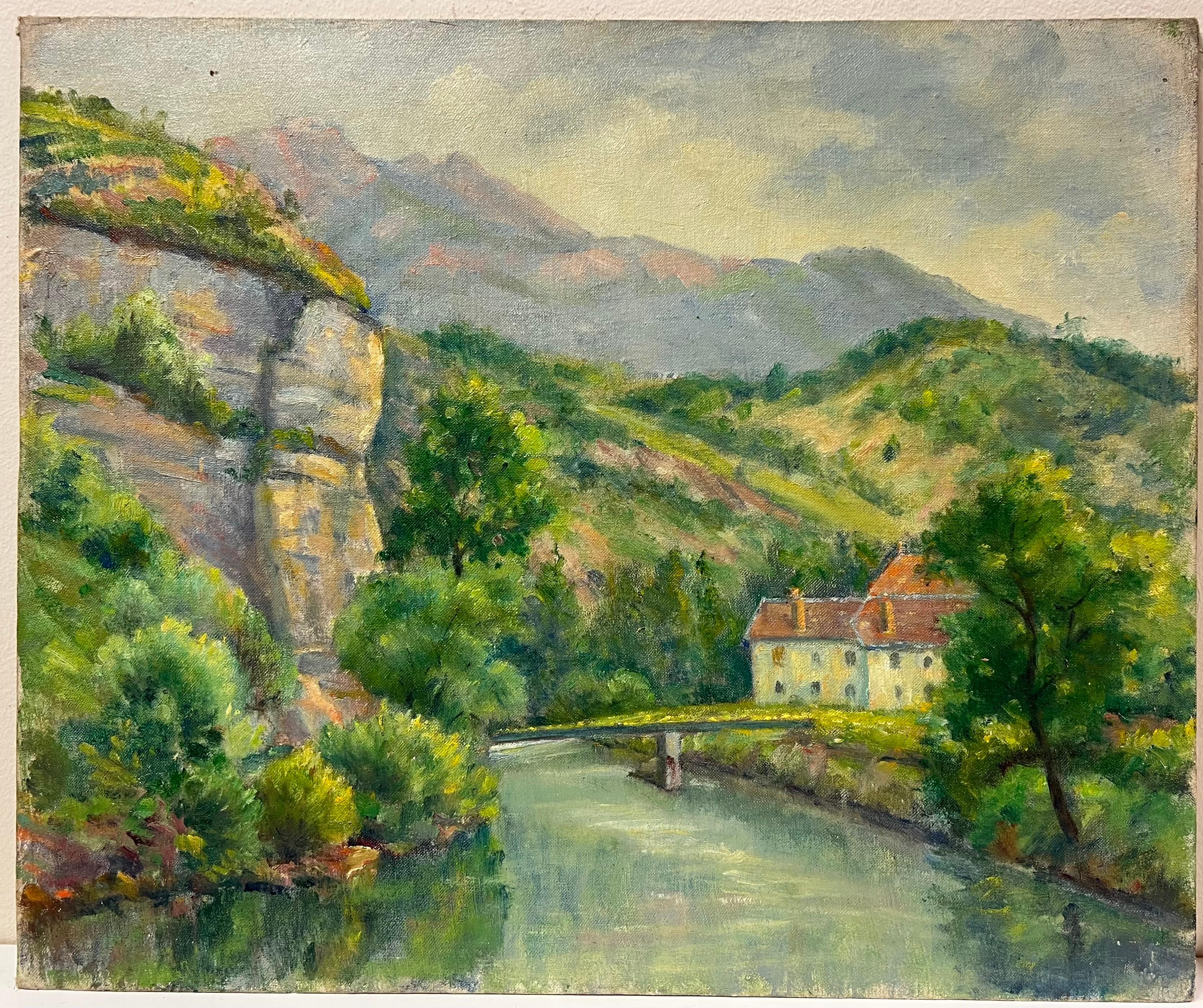Cottage in riva al fiume tra colline verdeggianti e scogliere rocciose nel cuore della Provenza - Painting di Regine David