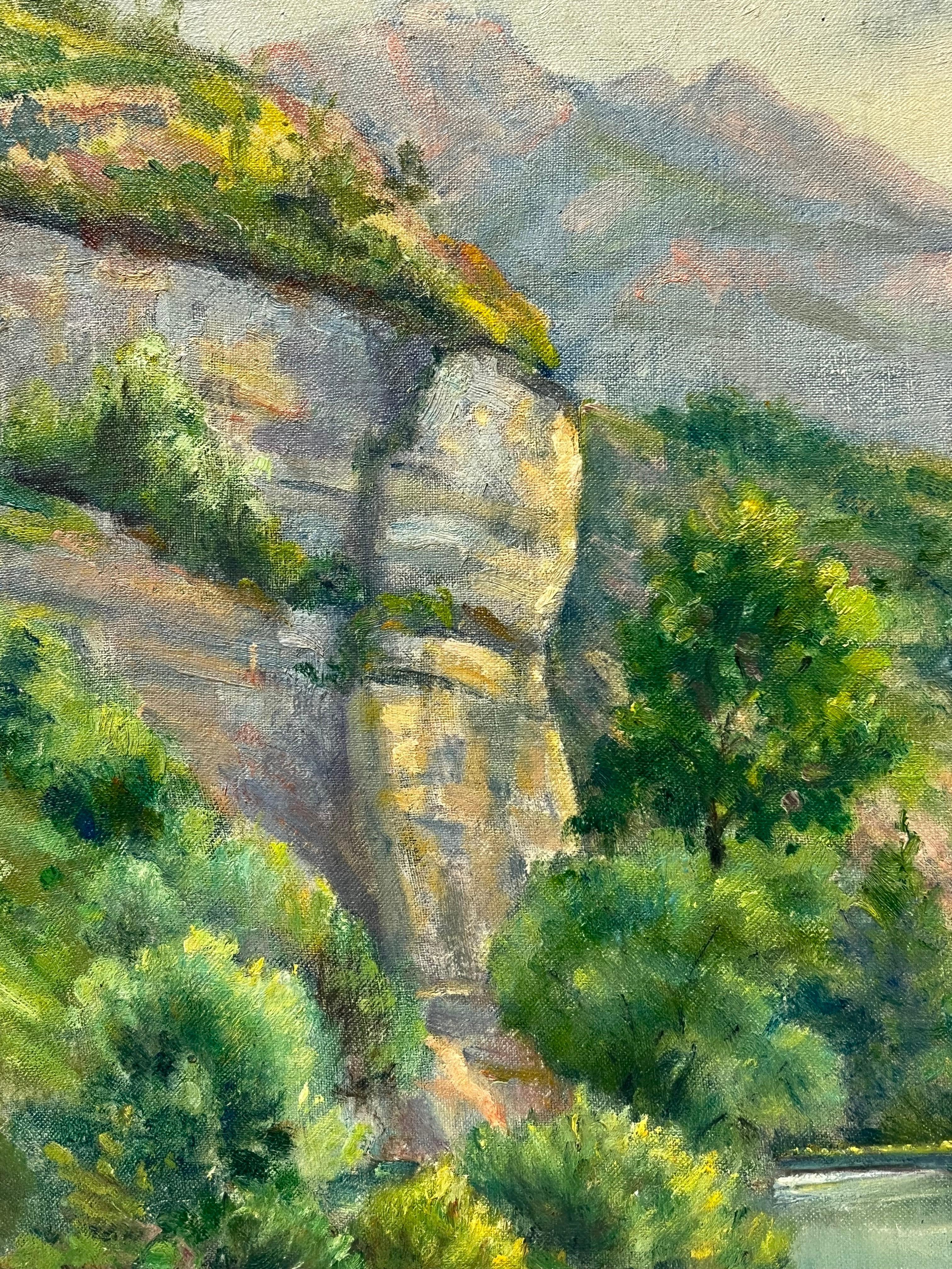 Cottage in riva al fiume tra colline verdeggianti e scogliere rocciose nel cuore della Provenza - Painting Postimpressionismo di Regine David