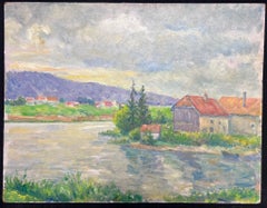 Riverside Village with Distant Hills Tranquil Landscape Oil Painting