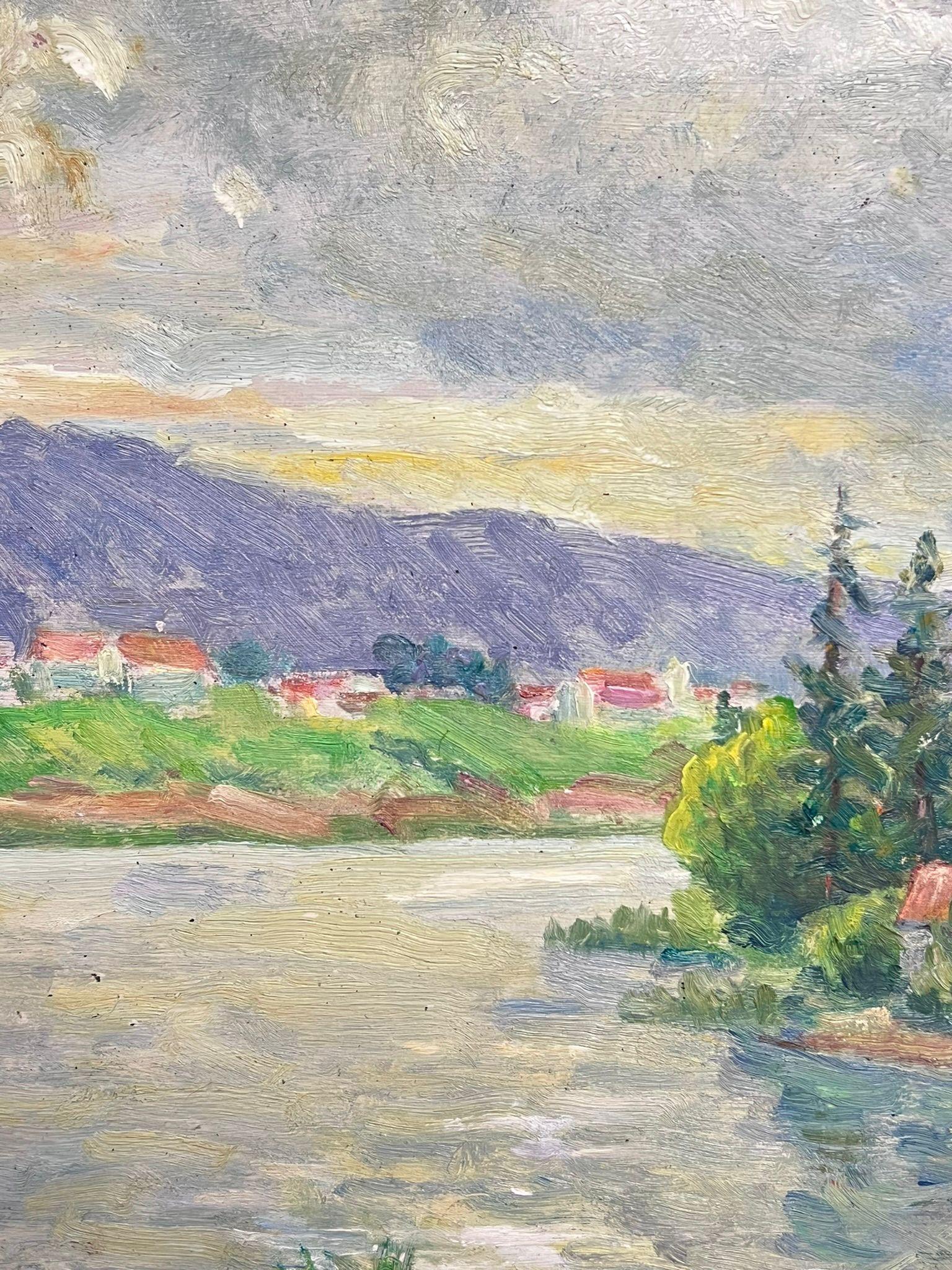 Aldea ribereña con colinas lejanas Paisaje tranquilo Pintura al óleo - Painting Posimpresionista de Regine David