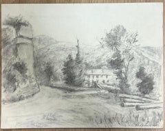 Rural Landscape with Farmhouse and Trees Atmospheric Drawing