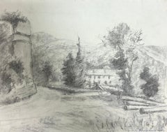 Rural Landscape with Farmhouse and Trees Atmospheric Drawing