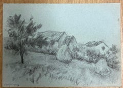 Rustic Barn and Tree Scene with Charming French Countryside Landscape