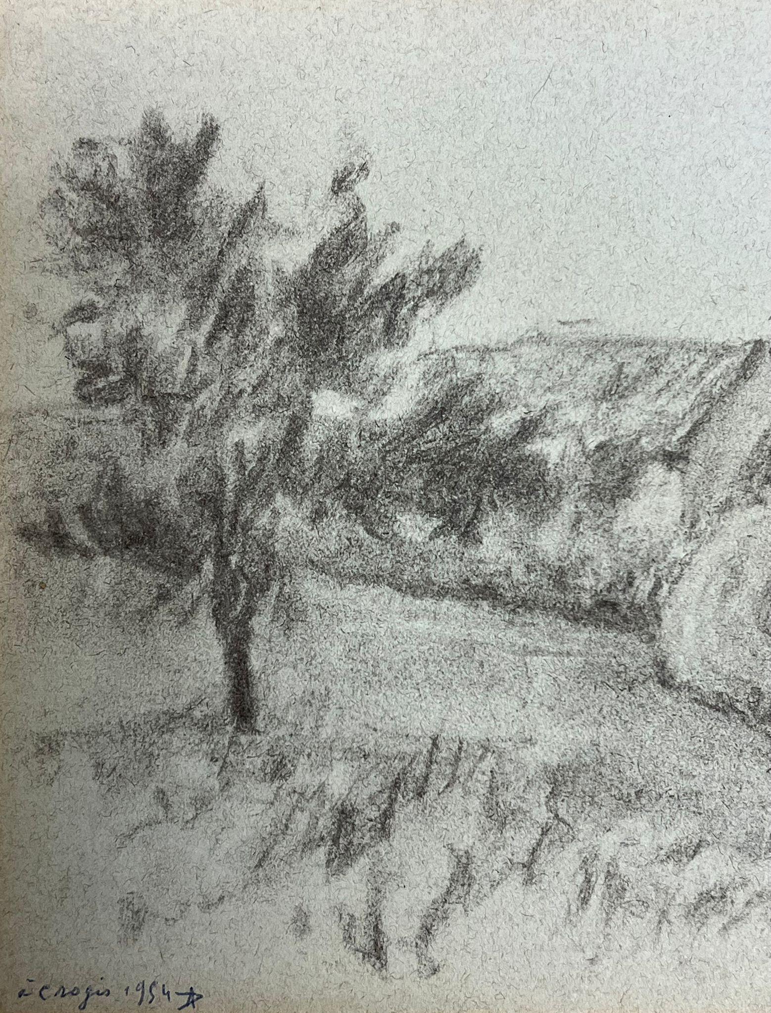 Rustikale Scheune und Baumszene mit charmanter französischer Landschaftslandschaft (Grau), Landscape Painting, von Regine David